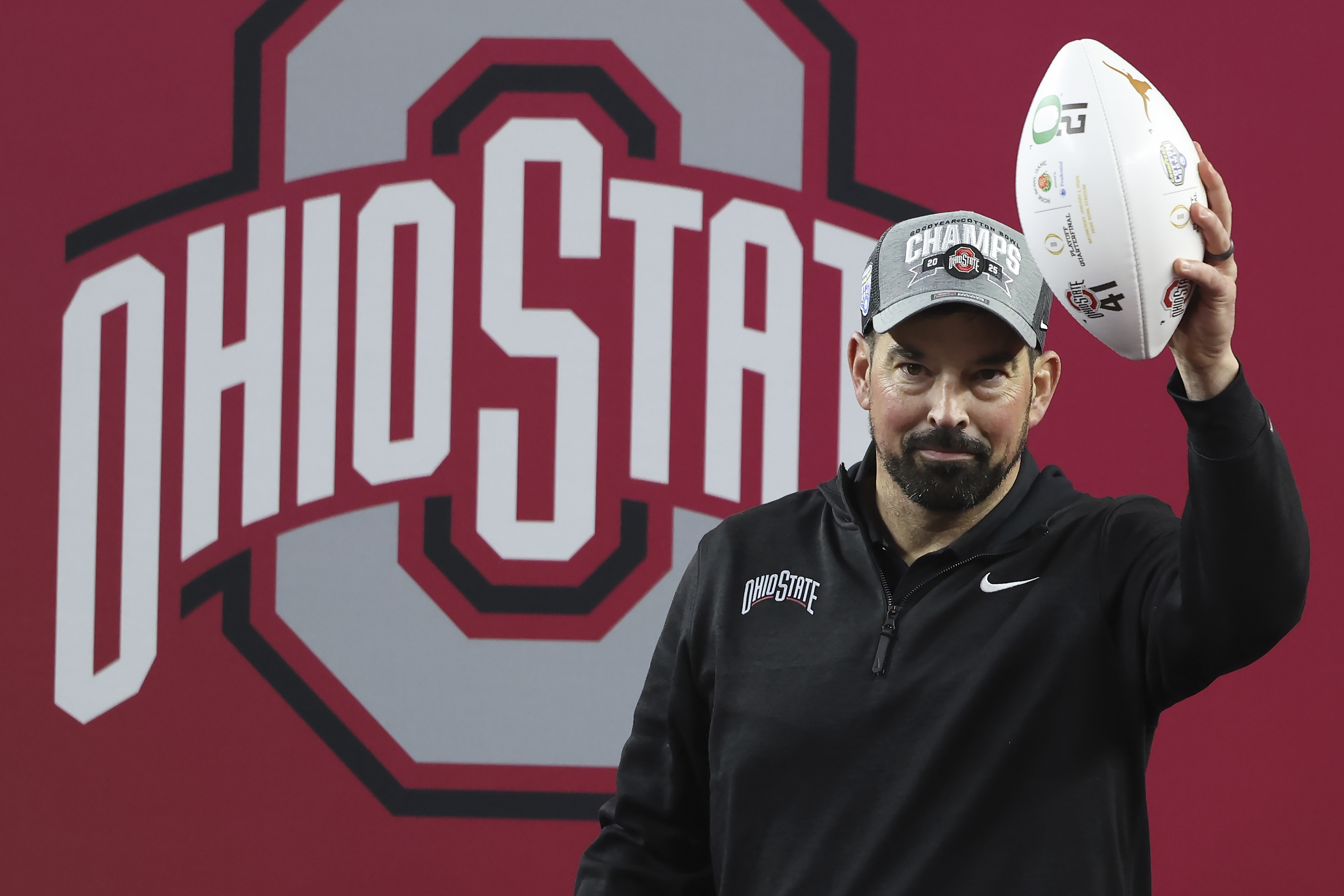 Ohio State head coach Ryan Day celebrates after the Cotton Bowl College Football Playoff semifinal game against Texas, Friday, Jan. 10, 2025, in Arlington, Texas.