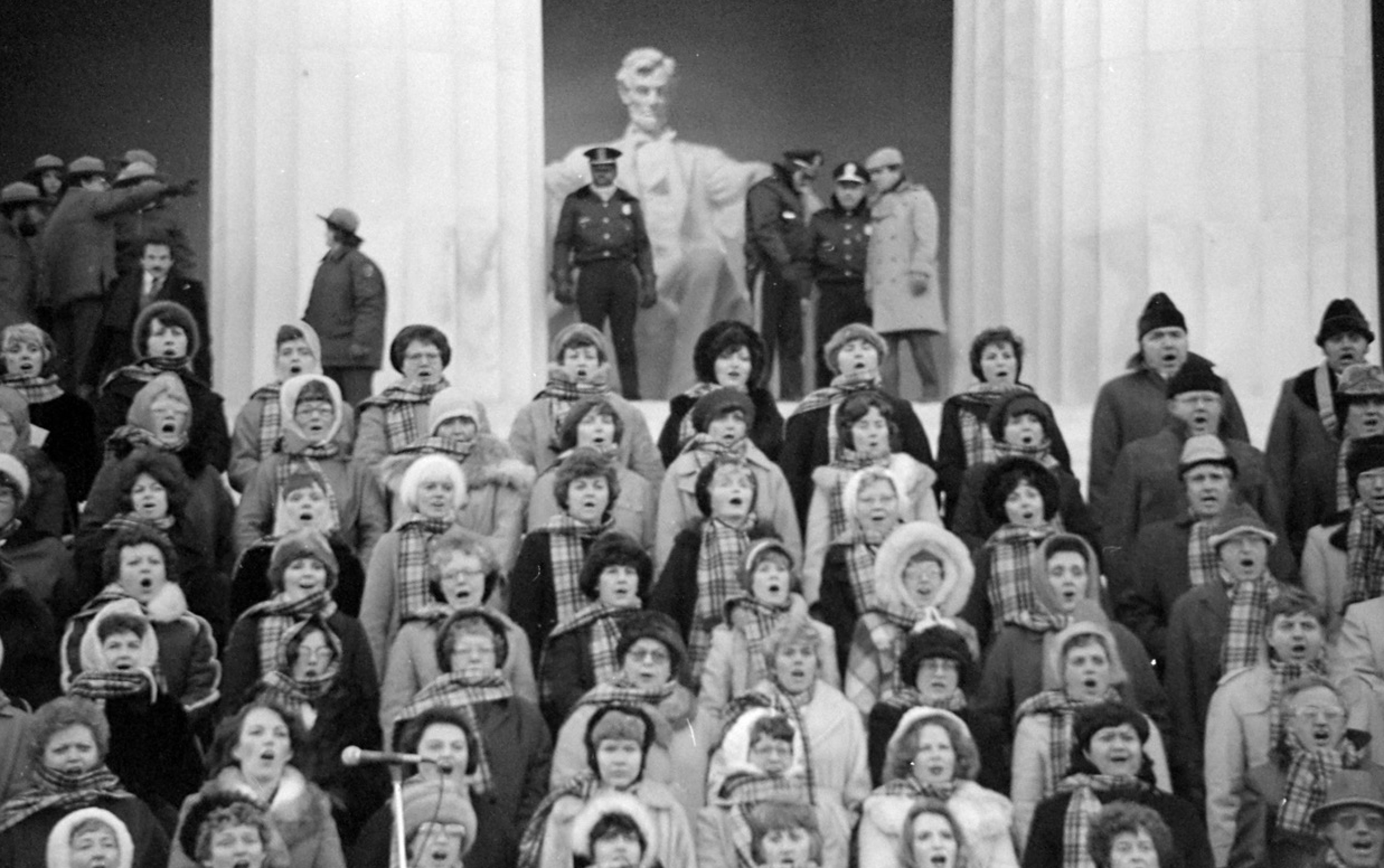 The Mormon Tabernacle Choir sings at the Lincoln Memorial as part of Richard Nixon's 1969 inauguration in Washington, D.C.