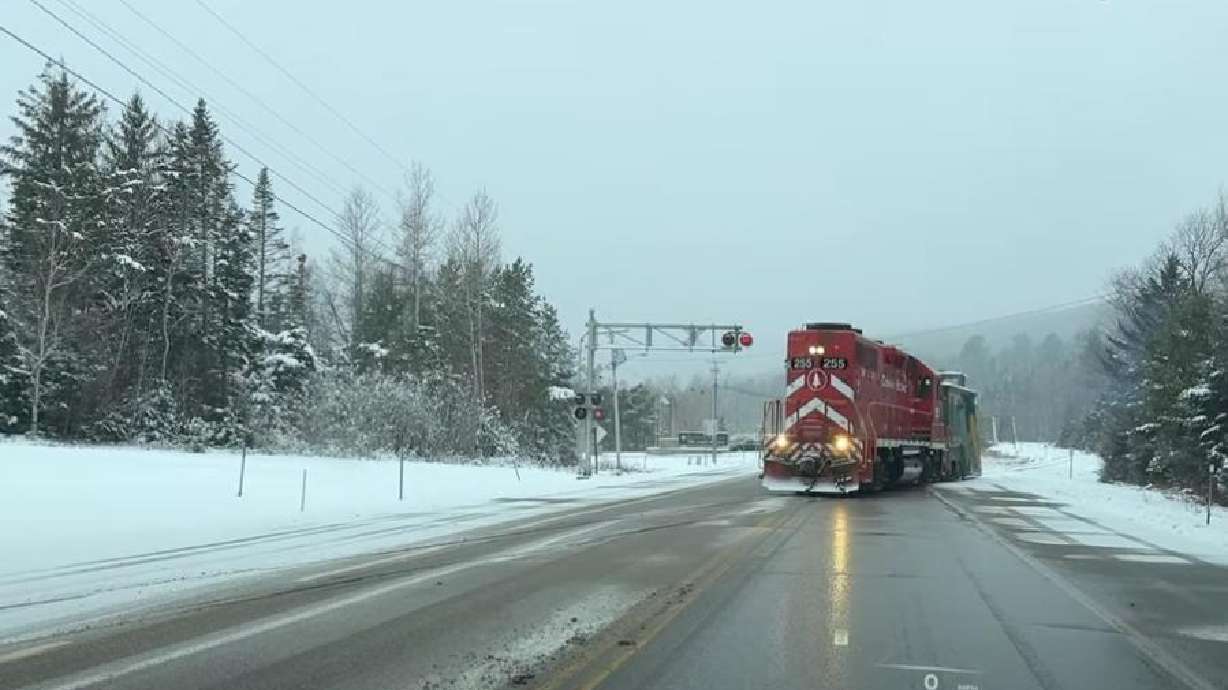 A locomotive engine appears to be headed right into a lane of traffic in this video from Bretton Woods, New Hampshire, on Jan. 5.