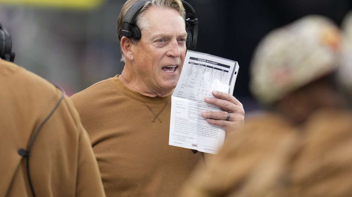 FILE - Washington Commanders football team defensive coordinator Jack Del Rio during an NFL football game, Nov. 5, 2023, in Foxborough, Mass.