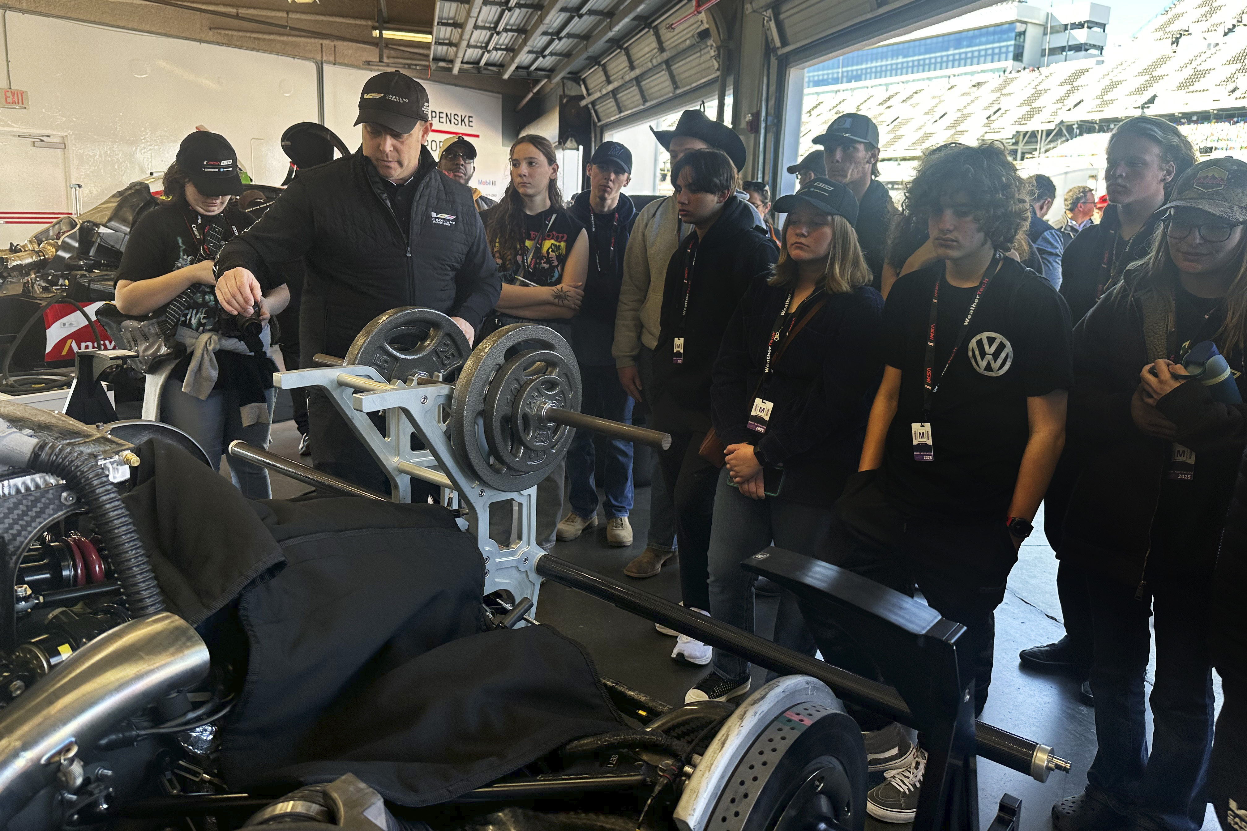 Students from two Volusia County high schools get an immersive experience at Daytona International Speedway, Friday, Jan. 17, 2025, in Daytona Beach, Fla., to learn about STEM opportunities in motorsports.