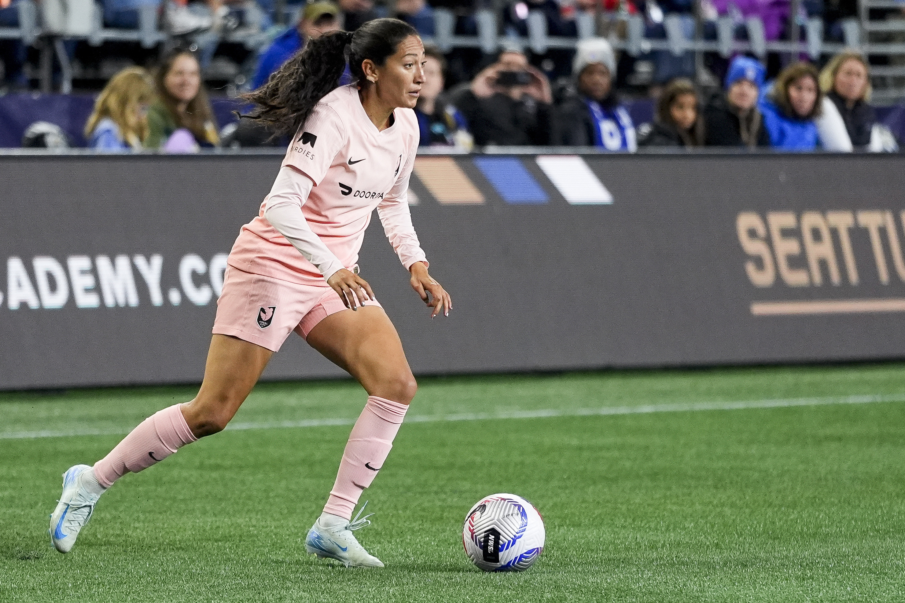 FILE - Angel City FC forward Christen Press plays during the second half of an NWSL soccer match Friday, Oct. 4, 2024, in Seattle.