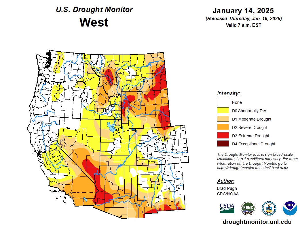 This map shows where drought exists within the West. The worst drought conditions are within the Southwest and northern Rockies at the moment.