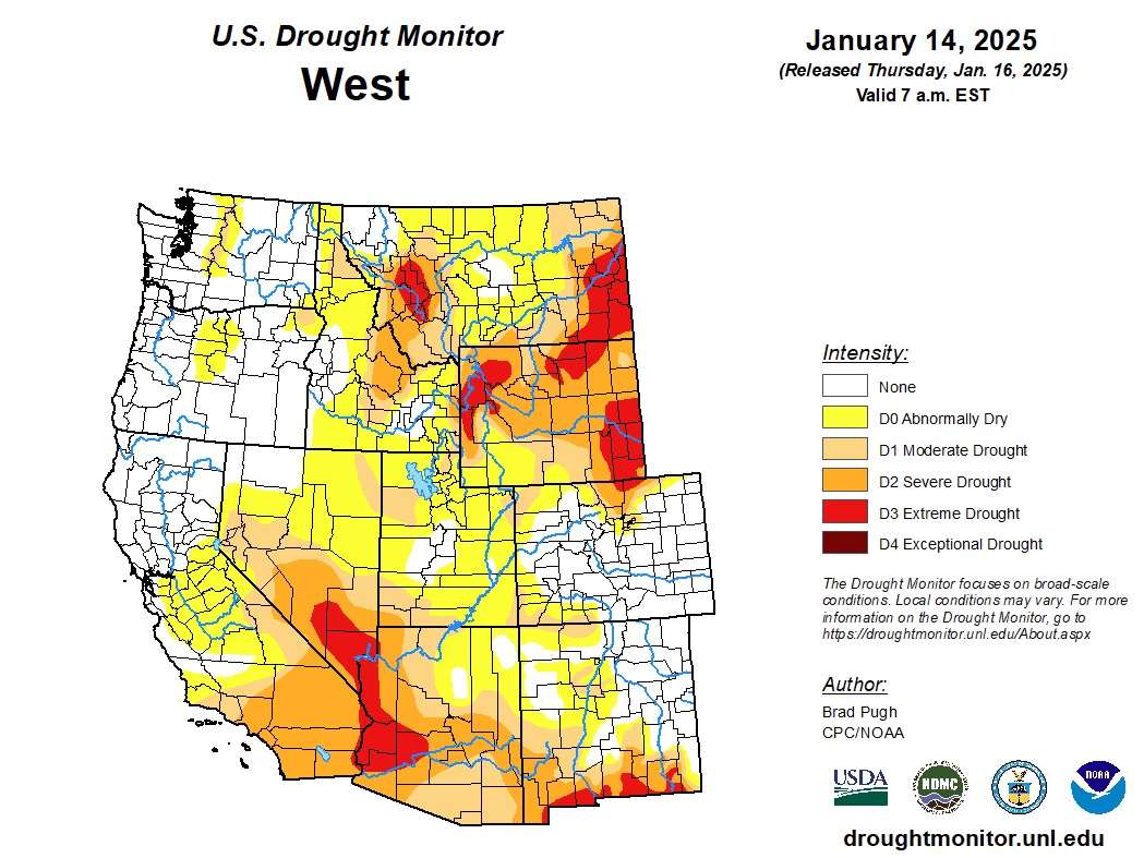 This map shows where drought exists within the West. The worst drought conditions are within the Southwest and northern Rockies at the moment.