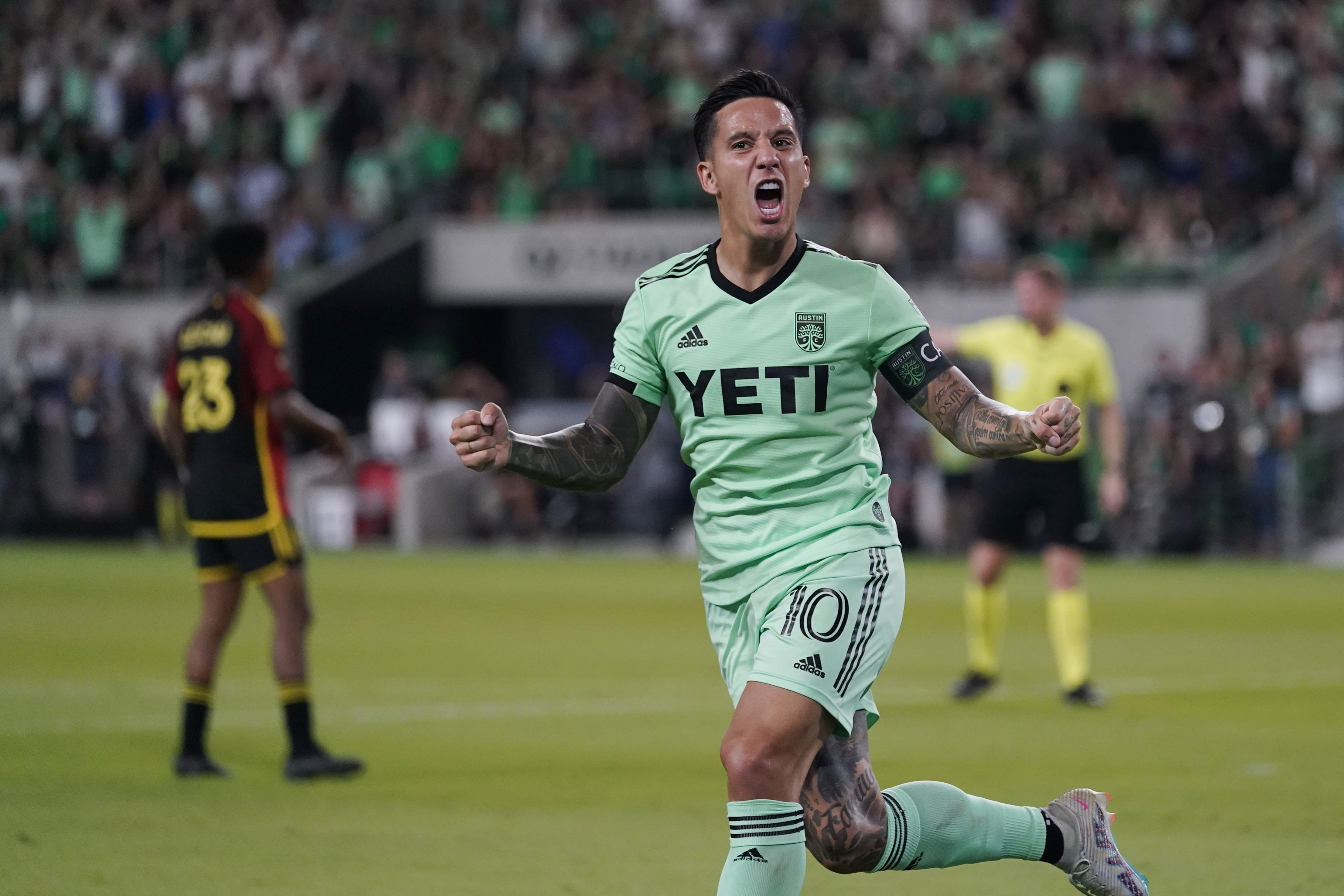 FILE - Austin FC forward Sebastián Driussi (10) celebrates his goal against the Seattle Sounders FC during the second half of an MLS soccer match in Austin, Texas, Wednesday, Aug. 30, 2023.