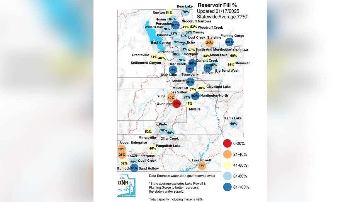 This map shows reservoir level capacity for many of Utah's largest reservoirs as of Friday.
