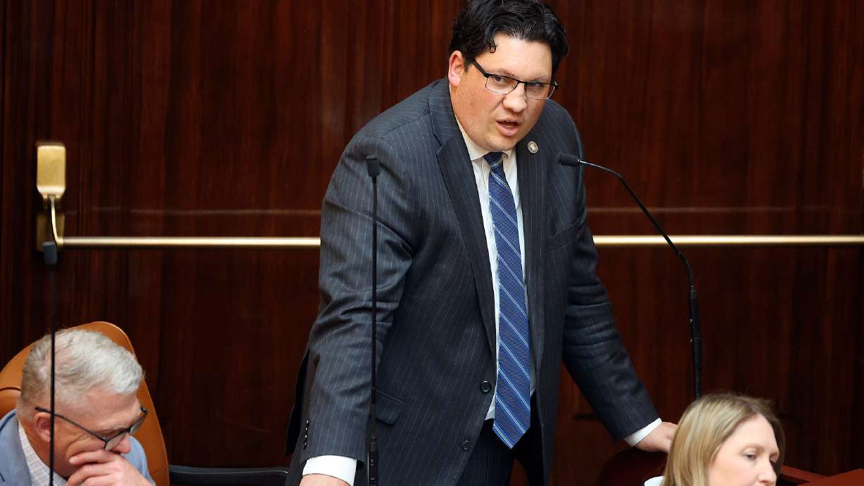 Rep. Ryan Wilcox, R-Ogden, speaks on May 17, 2023. The Utah Legislature and the School Security Task Force is turning its attention to improving Utah's school cybersecurity amid recent data breaches.