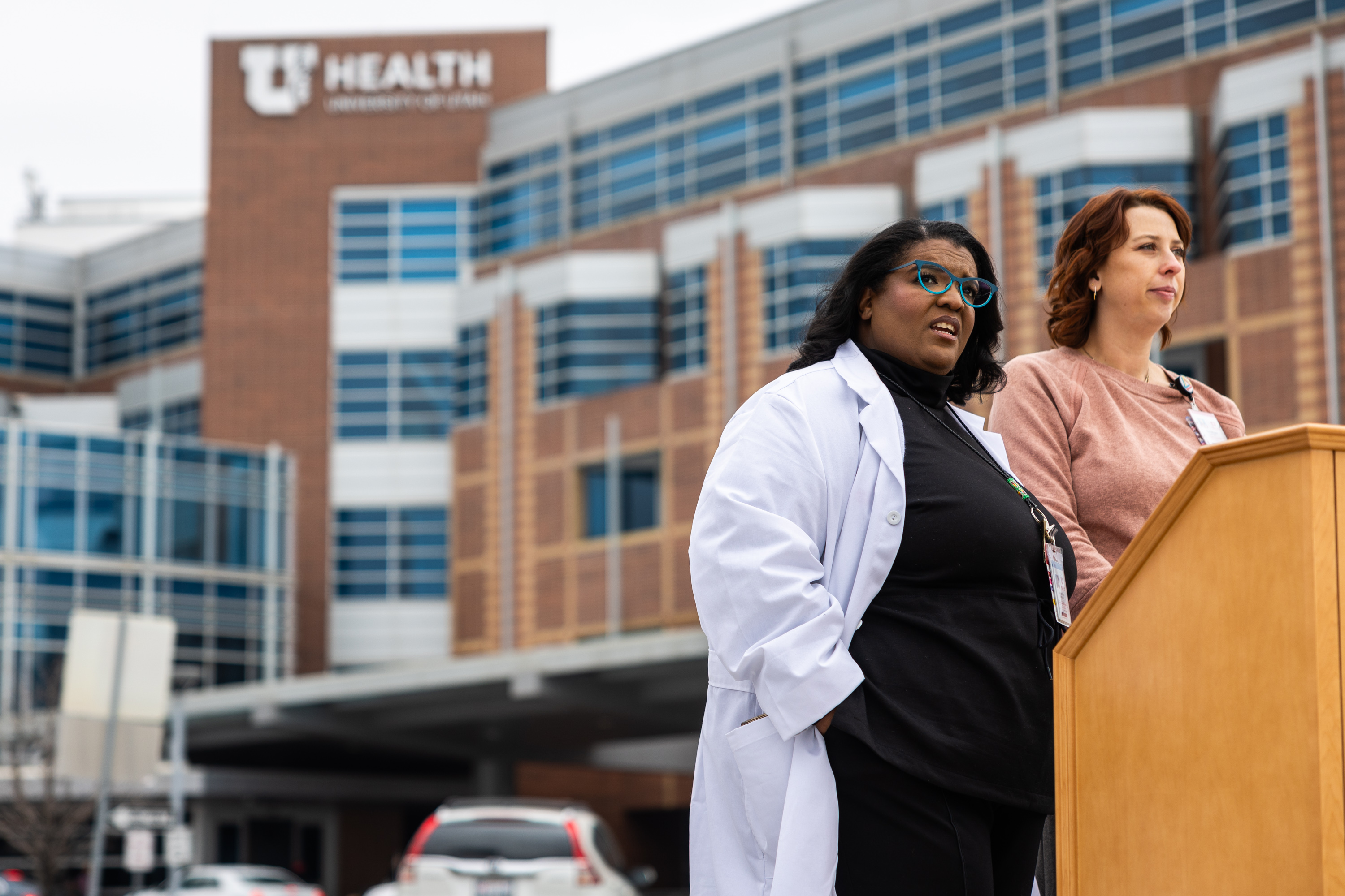 Director of University of Utah Health Burn Center Giavonni Lewis, left, and University of Utah Health Burn Center community outreach coordinator Courtney Lawrence address frostbite at a press conference outside the University of Utah Hospital in Salt Lake City on Friday.