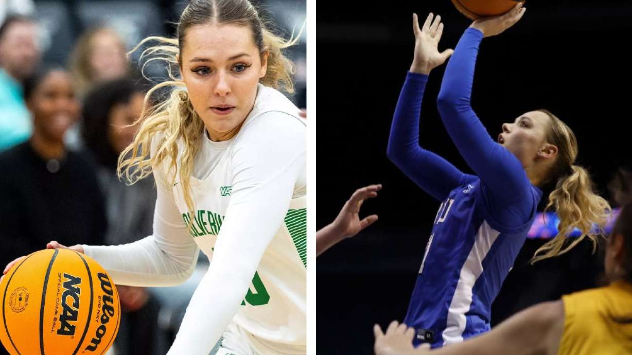 Utah Valley guard Saige Gibb and younger sister Delaney Gibb of BYU grew up playing basketball together in Raymond, Alberta, Canada and now play collegiately just four miles apart.