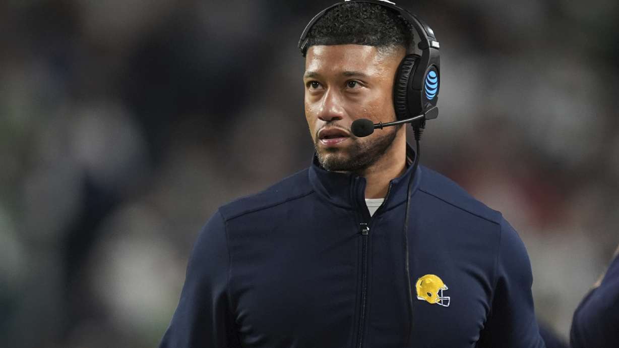 Notre Dame head coach Marcus Freeman looks up during the first half of the Orange Bowl NCAA College Football Playoff semifinal game against Penn State, Thursday, Jan. 9, 2025, in Miami Gardens, Fla.