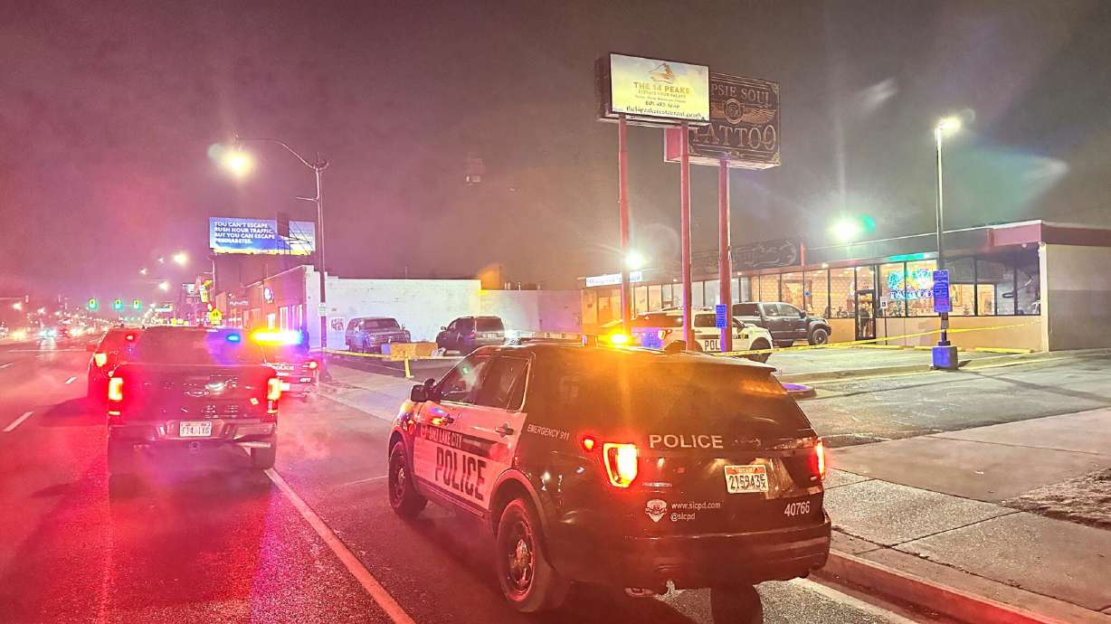 Salt Lake City police respond to an aggravated assault in Salt Lake City on Thursday.