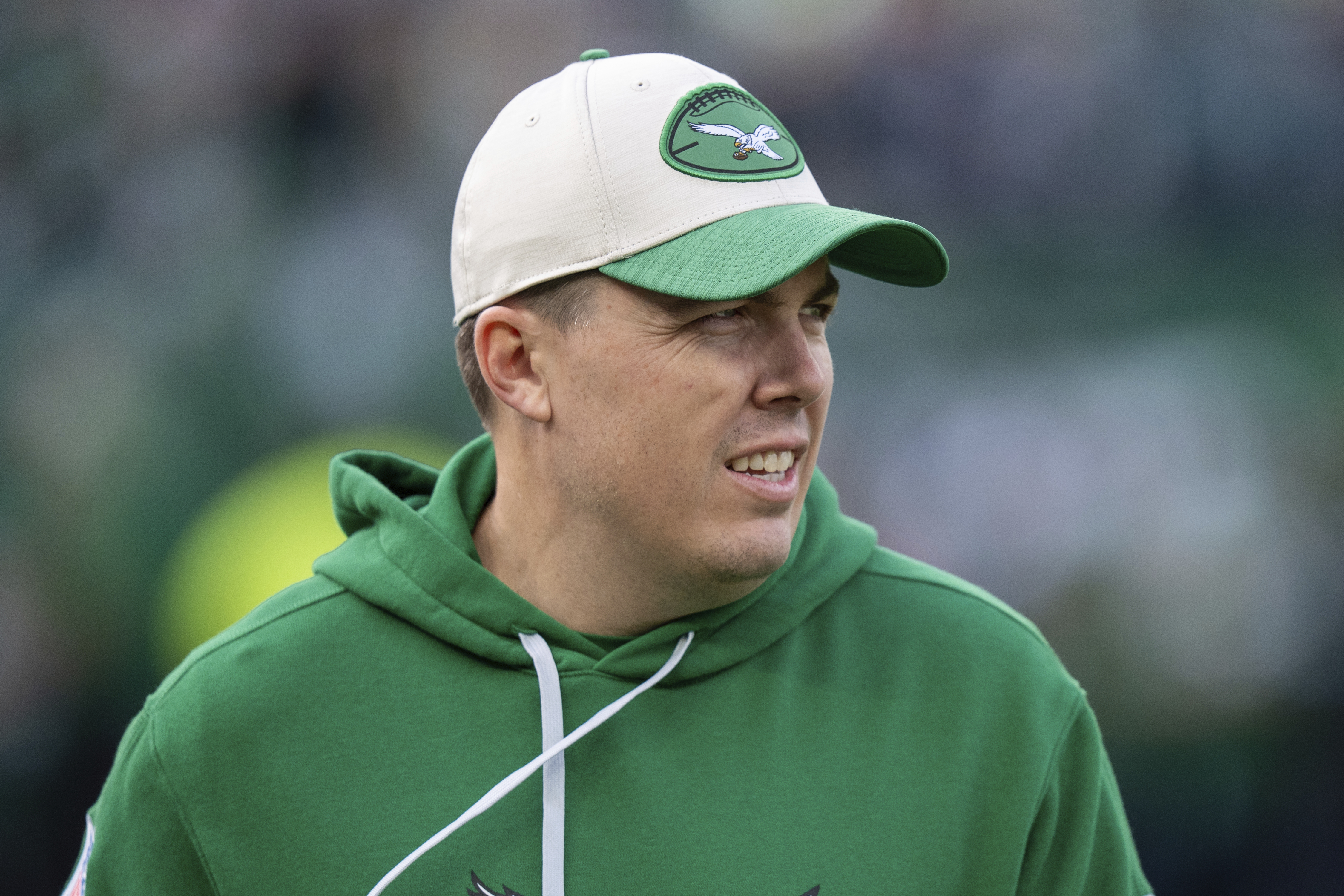 Philadelphia Eagle offensive coordinator Kellen Moore looks on during warm-ups prior to the NFL football game against the Dallas Cowboys, Dec. 29, 2024, in Philadelphia.