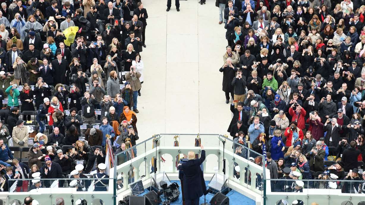 President Donald Trump offers his first inaugural address, Jan. 20, 2017, on Capitol Hill in Washington. Trump's latest inauguration has been moved indoors due to forecasted cold temperatures.