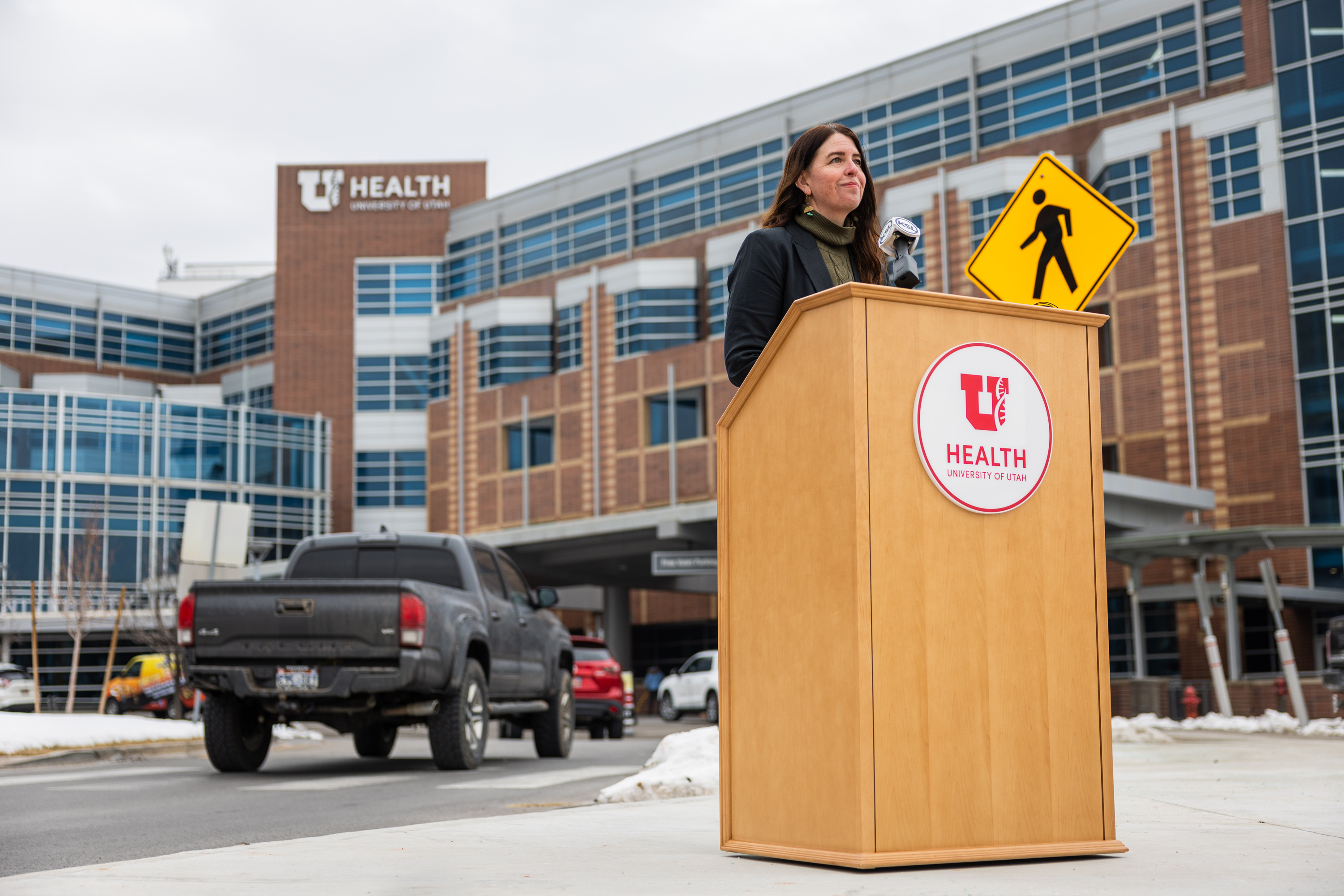 Director of Utah Office of Homeless Services Tricia Davis Winter addresses Code Blue Alerts at a press conference outside the University of Utah Hospital in Salt Lake City on Friday.