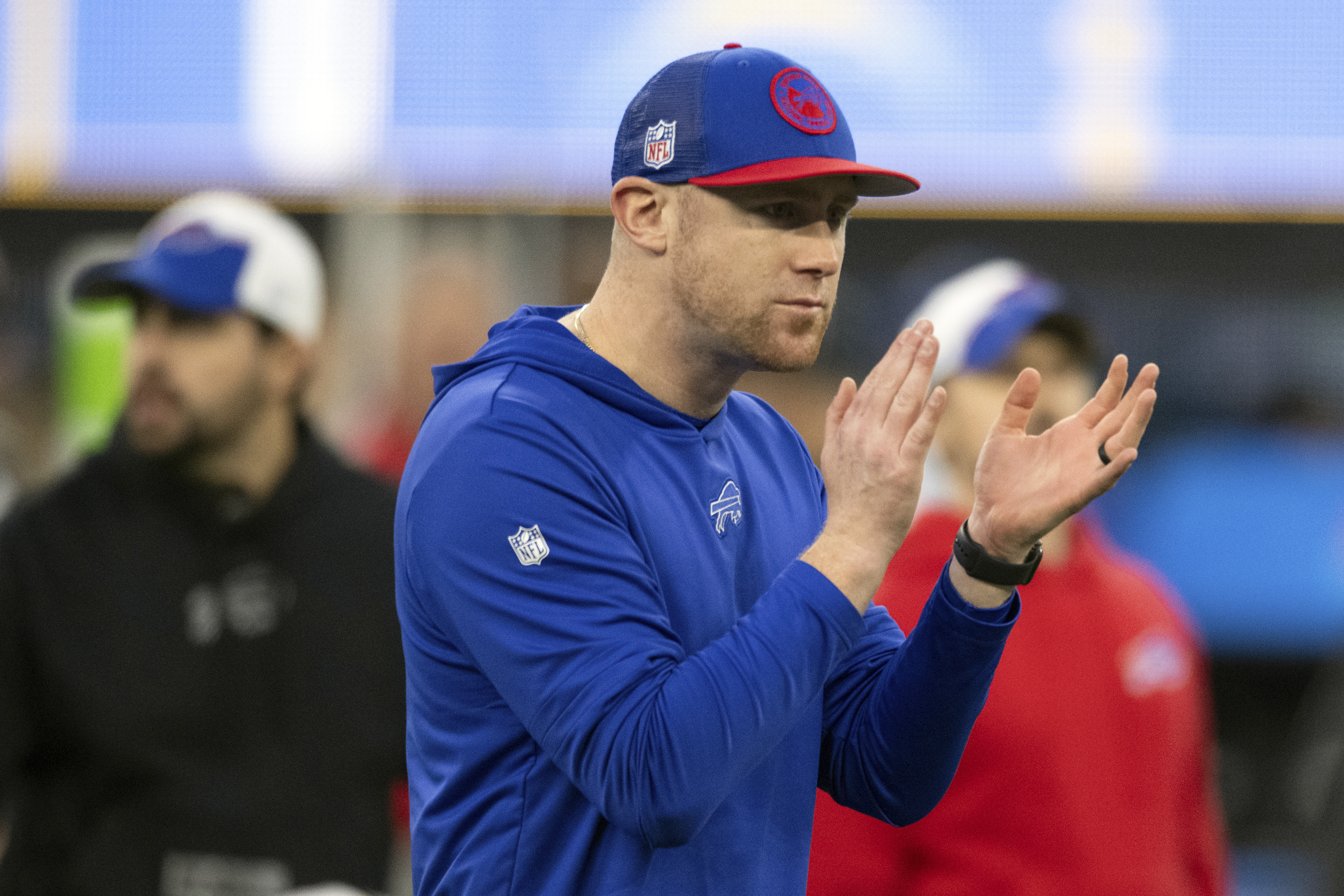 FILE - Buffalo Bills interim offensive coordinator Joe Brady looks on before an NFL football game against the Los Angeles Chargers, Dec. 23, 2023, in Inglewood, Calif.
