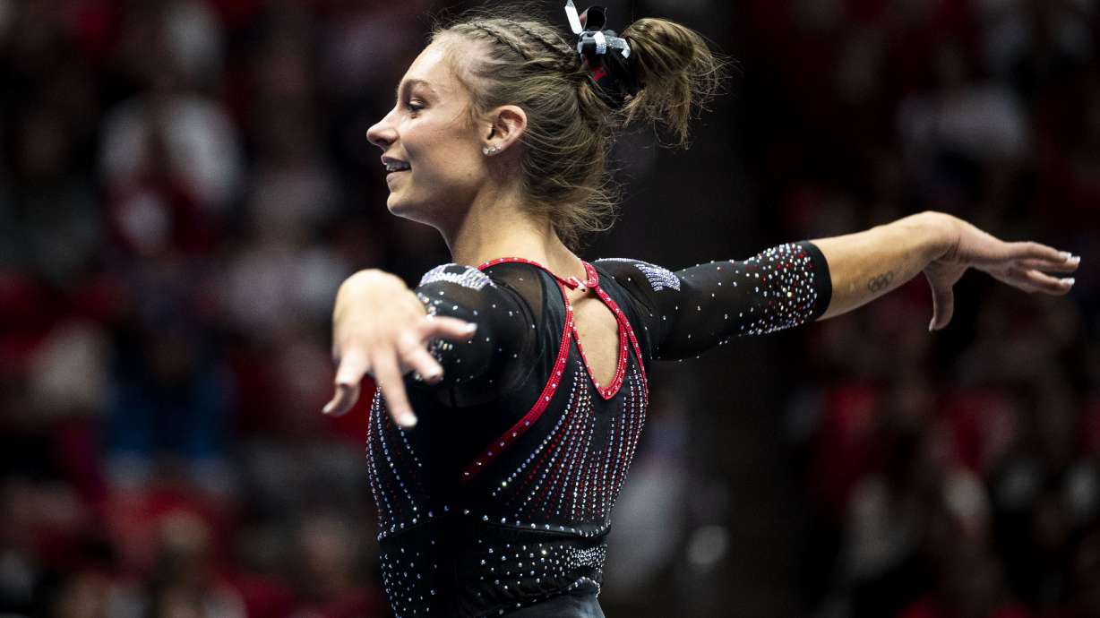 Utah Red Rocks’ Grace McCallum competes in the floor routine during a gymnastics meet against Iowa State University held at the Huntsman Center in Salt Lake City on Friday, Jan. 17, 2025.