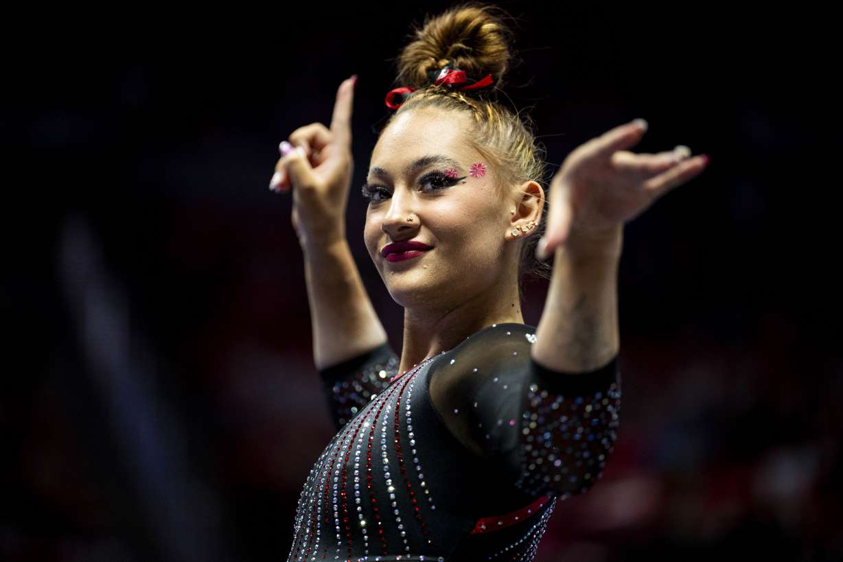 Utah Red Rocks’ Makenna Smith competes in the floor routine during a gymnastics meet against Iowa State University held at the Huntsman Center in Salt Lake City on Friday, Jan. 17, 2025.