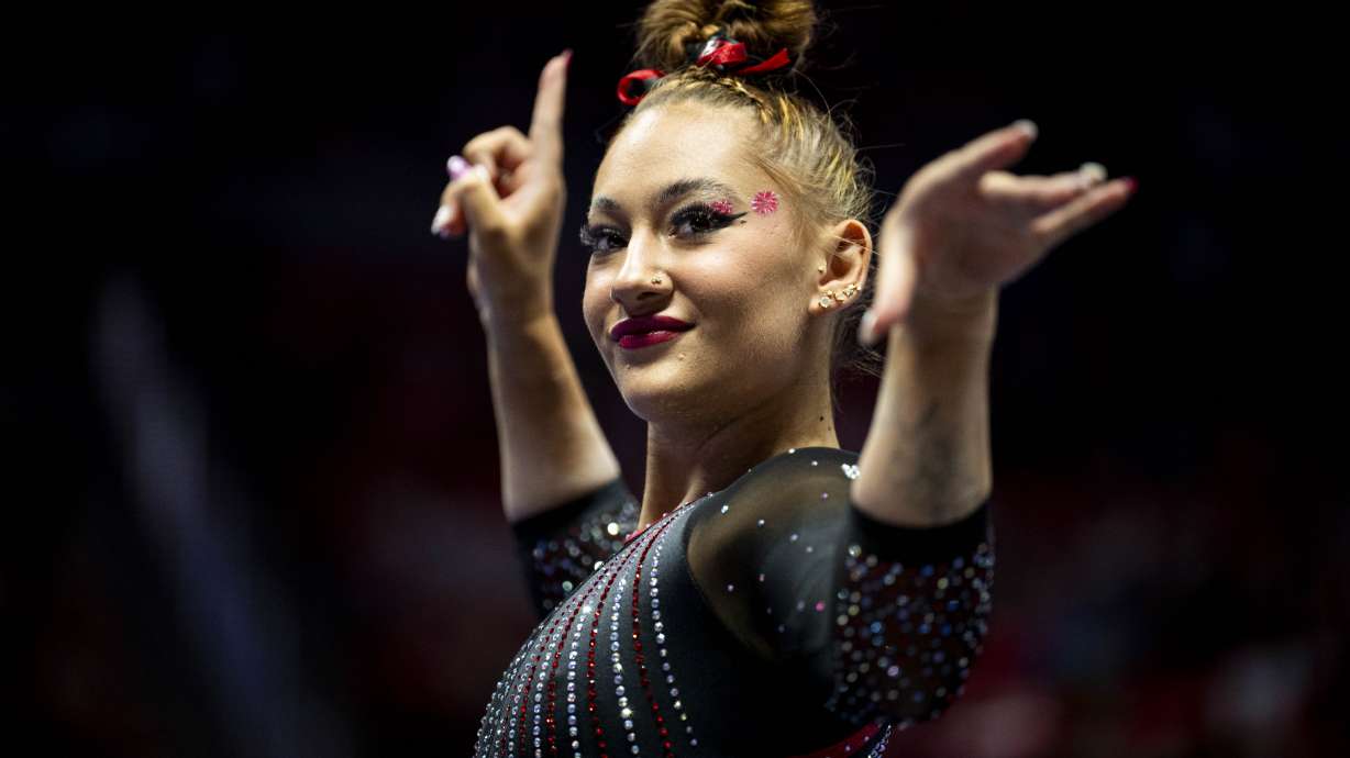 Utah Red Rocks’ Makenna Smith competes in the floor routine during a gymnastics meet against Iowa State University held at the Huntsman Center in Salt Lake City on Friday, Jan. 17, 2025.