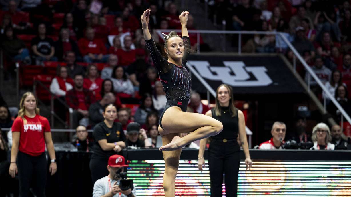 Utah Red Rocks’ Ella Zirbes competes in the floor routine during a gymnastics meet against Iowa State University held at the Huntsman Center in Salt Lake City on Friday, Jan. 17, 2025.