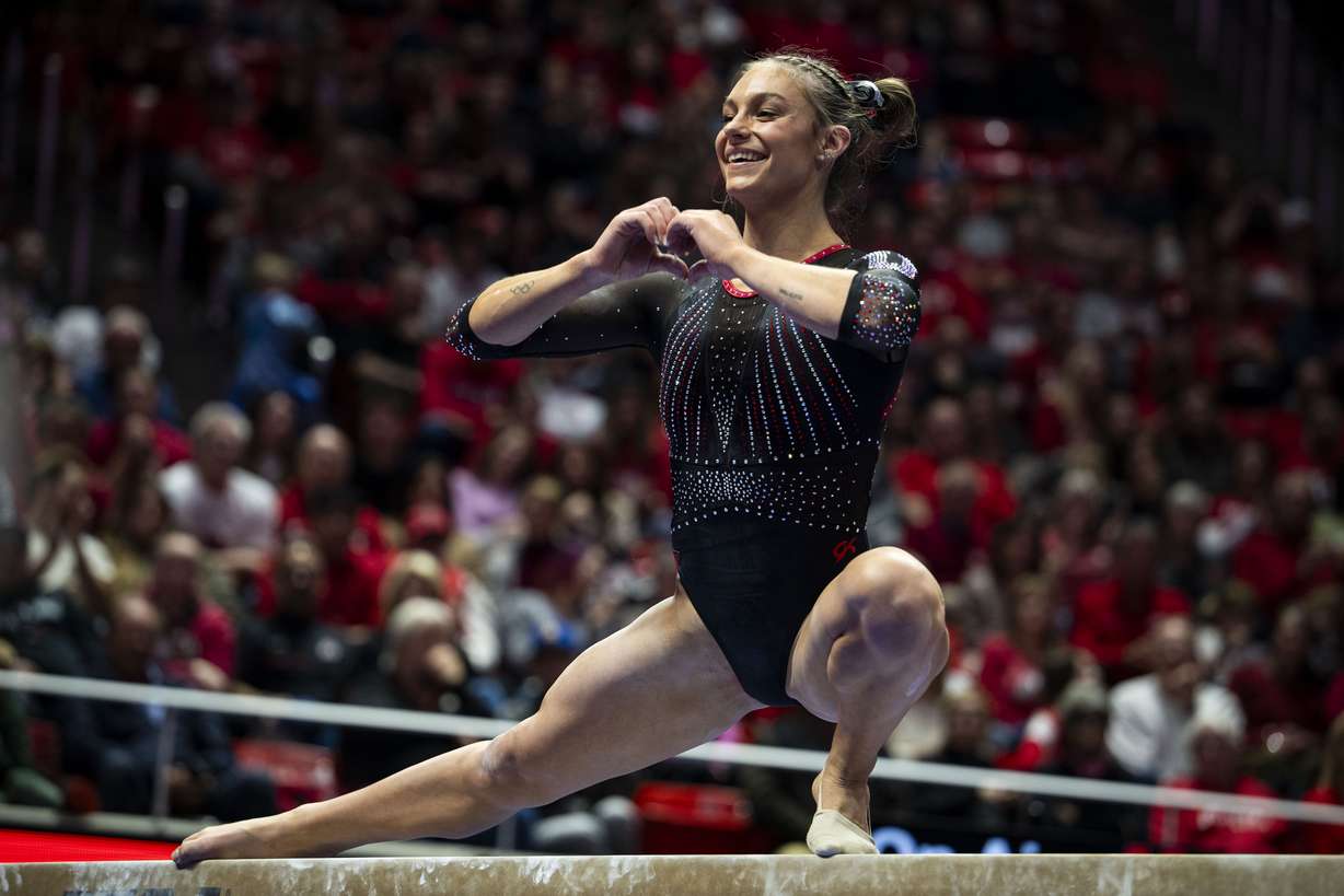 Utah Red Rocks’ Grace McCallum competes in the balance beam during a gymnastics meet against Iowa State University held at the Huntsman Center in Salt Lake City on Friday, Jan. 17, 2025.