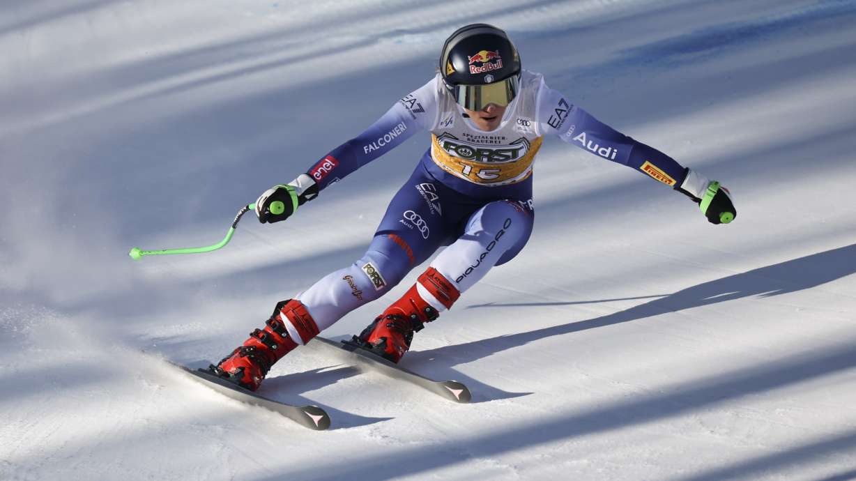 Italy's Sofia Goggia speeds down the course during an alpine ski, women's World Cup downhill, in Cortina d'Ampezzo, Italy, Saturday, Jan. 18, 2025