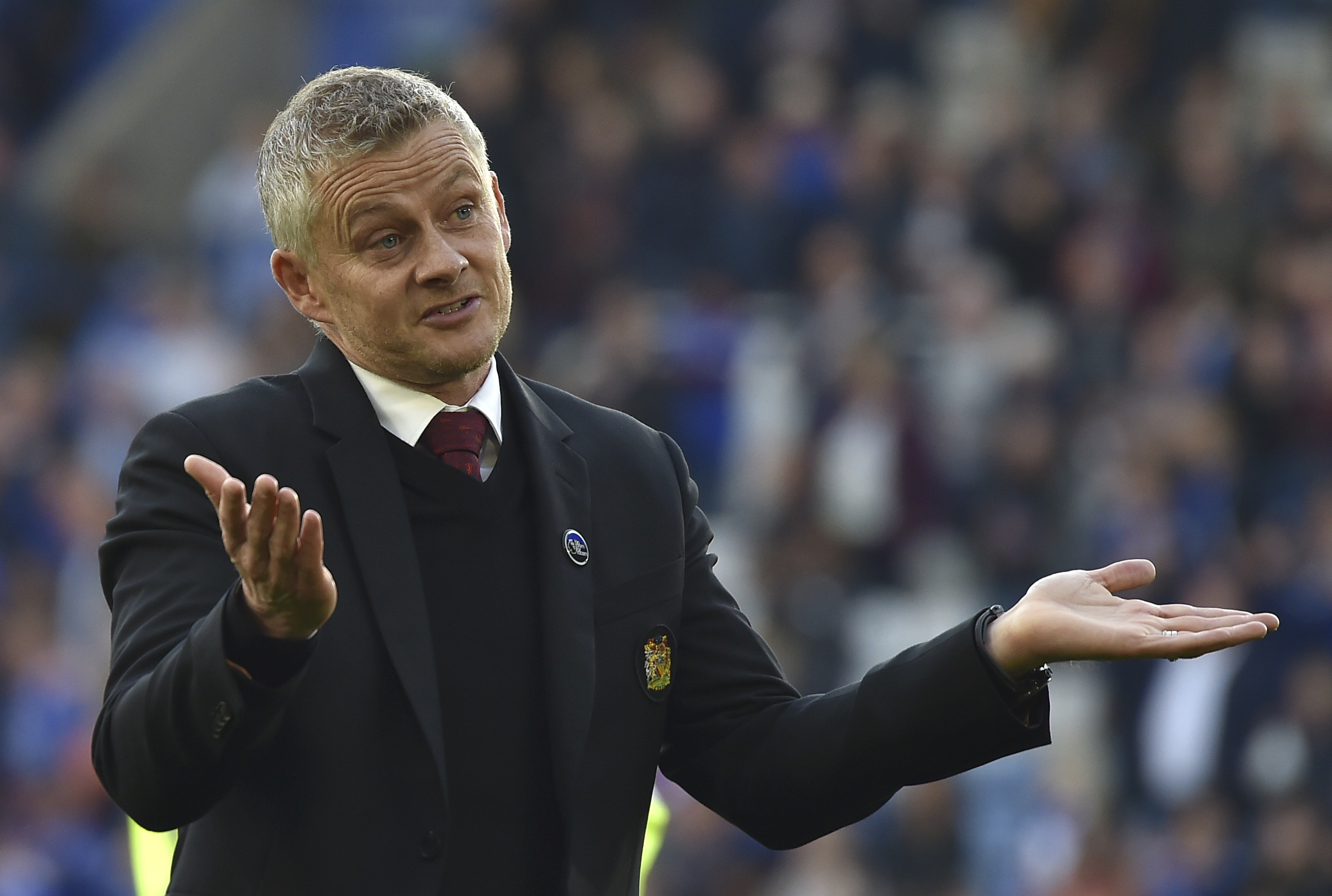 FILE - Manchester United's manager Ole Gunnar Solskjaer reacts after the English Premier League soccer match between Leicester City and Manchester United at King Power stadium in Leicester, England, Oct. 16, 2021. 