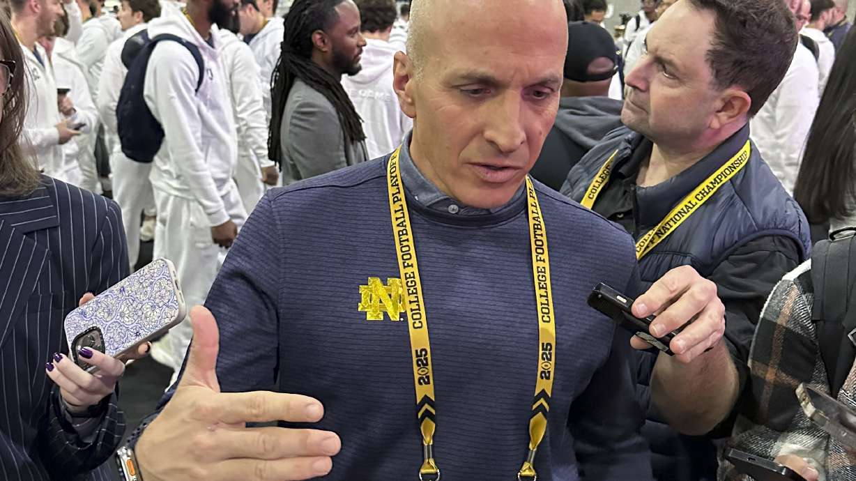 Notre Dame Athletic Director Pete Bevacqua talks during media day ahead of the College Football Playoff national championship game between Ohio State and Notre Dame Saturday, Jan. 18, 2025, in Atlanta. The game will be played on Monday.