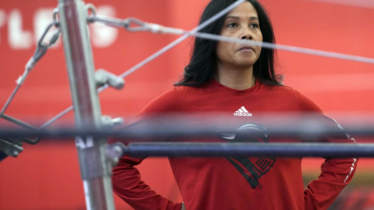 Rutgers coach Umme Salim-Beasley watches her team during gymnastics practice at Rutgers in Piscataway, N.J., Thursday, March 2, 2023.