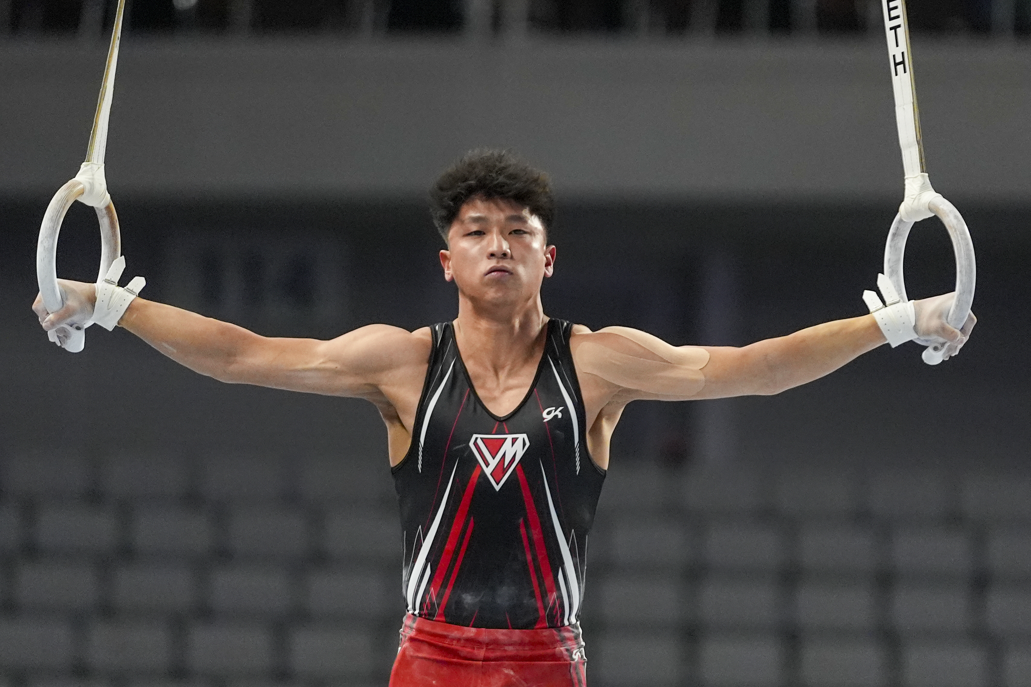 FILE - Yul Moldauer participates on the rings during the U.S. Gymnastics Championships, Thursday, May 30, 2024, in Fort Worth, Texas. 