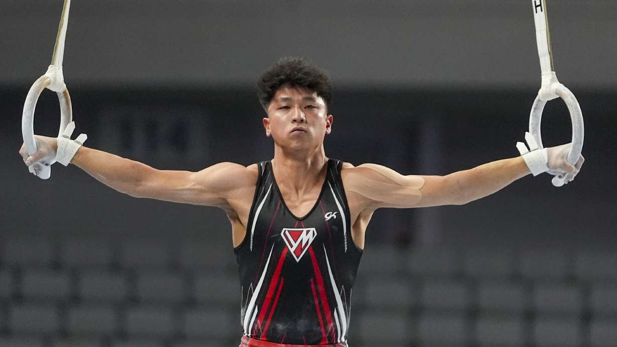 FILE - Yul Moldauer participates on the rings during the U.S. Gymnastics Championships, Thursday, May 30, 2024, in Fort Worth, Texas.