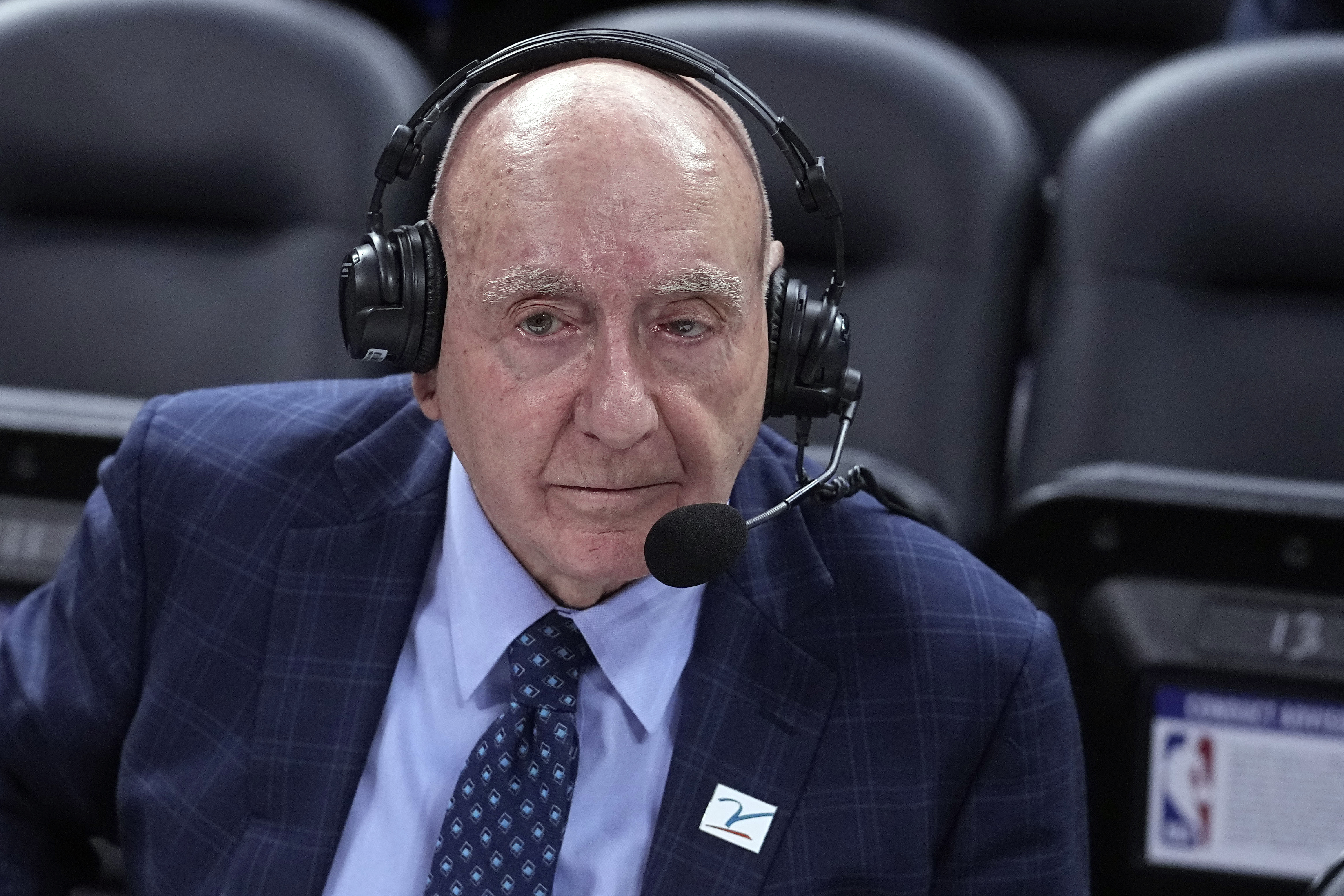 Broadcaster Dick Vitale prepares to announce an NCAA college basketball game between Michigan State and Kentucky, Tuesday, Nov. 15, 2022, in Indianapolis.