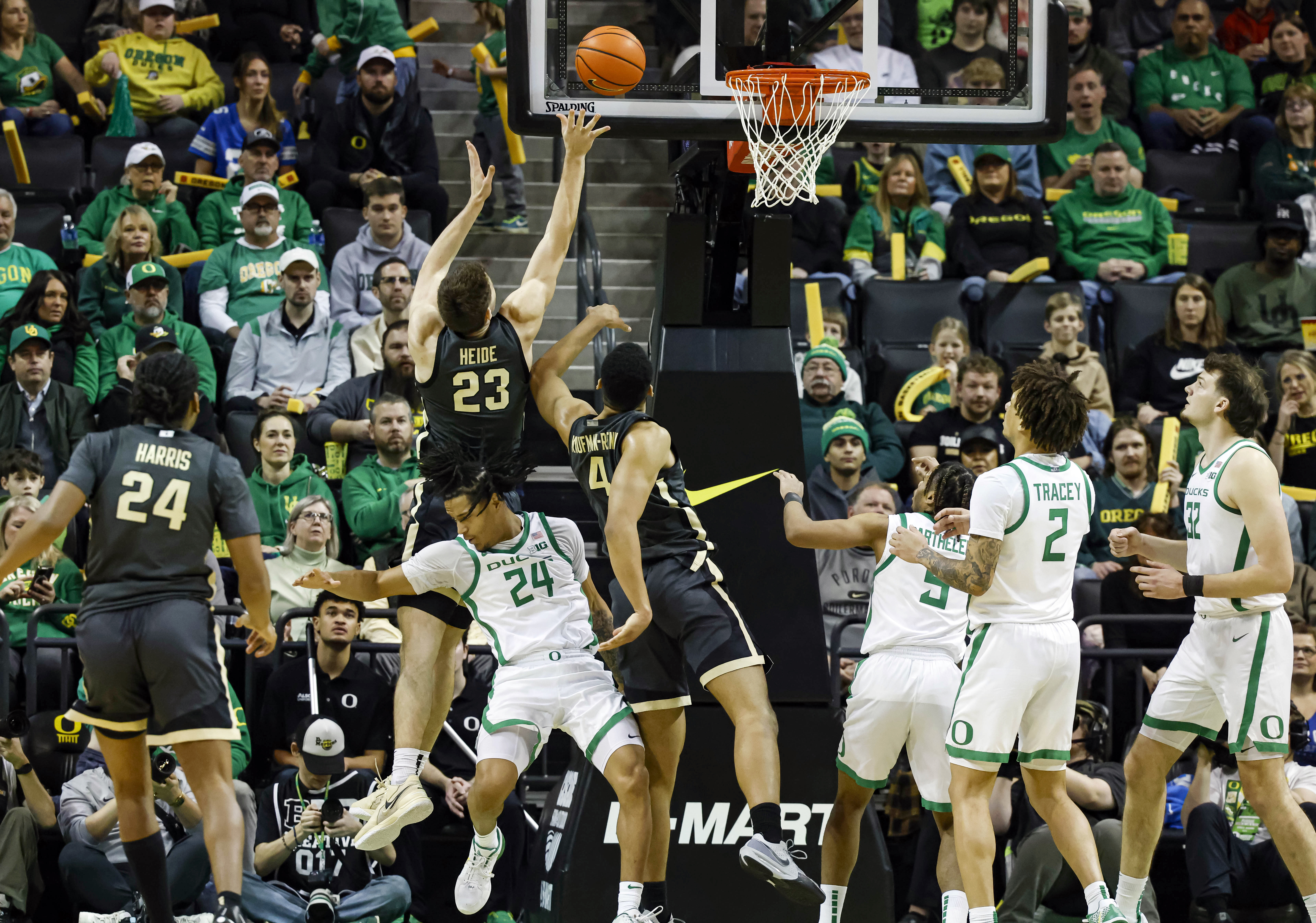 Purdue forward Camden Heide (23) shoots against Oregon during the first half of an NCAA college basketball game in Eugene, Ore., Saturday, Jan. 18, 2025. 