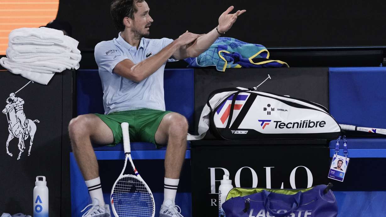 Daniil Medvedev of Russia reacts during his second round match against Learner Tien of the U.S. at the Australian Open tennis championship in Melbourne, Australia, Thursday, Jan. 16, 2025.