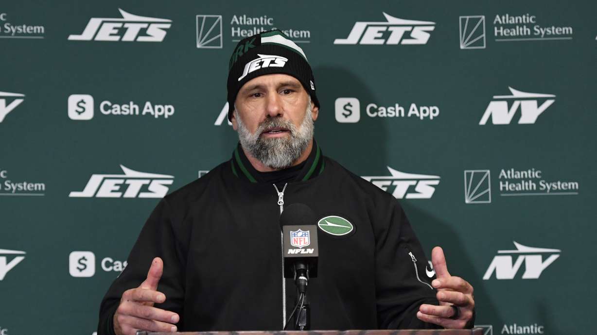 New York Jets head coach Jeff Ulbrich talks to the media following an NFL football game against the Buffalo Bills, Sunday, Dec. 29, 2024, in Orchard Park, N.Y.