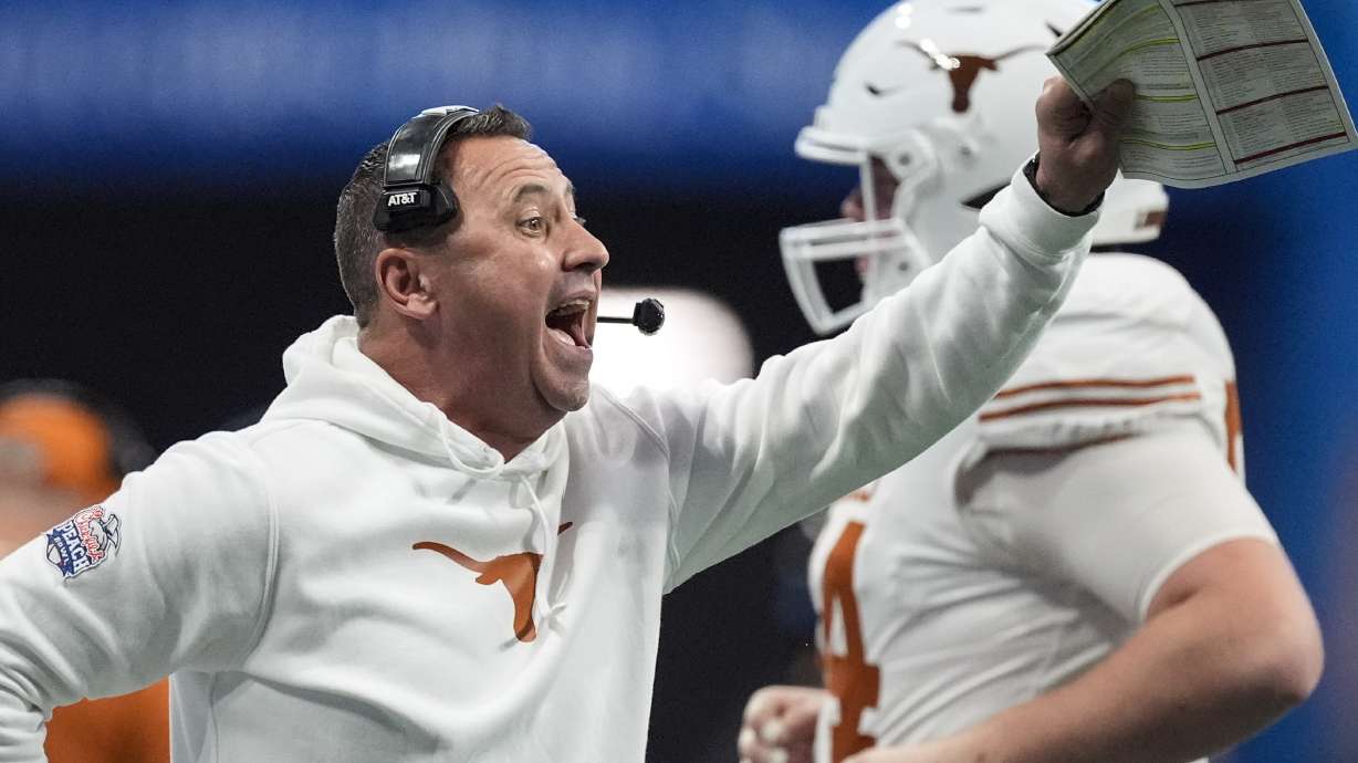 Texas head coach Steve Sarkisian speaks during the first half in the quarterfinals of a College Football Playoff against Arizona State, Wednesday, Jan. 1, 2025, in Atlanta.
