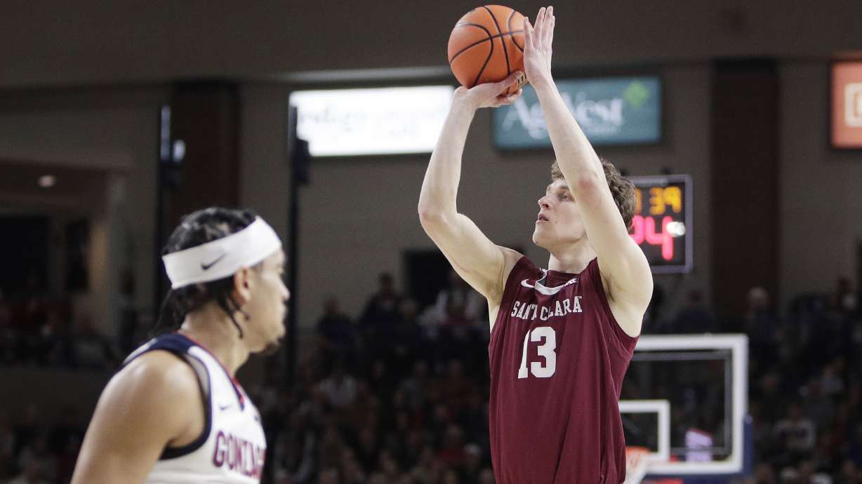 Santa Clara center Christoph Tilly (13) shoots during the first half of an NCAA college basketball game against Gonzaga, Saturday, Jan. 18, 2025, in Spokane, Wash.
