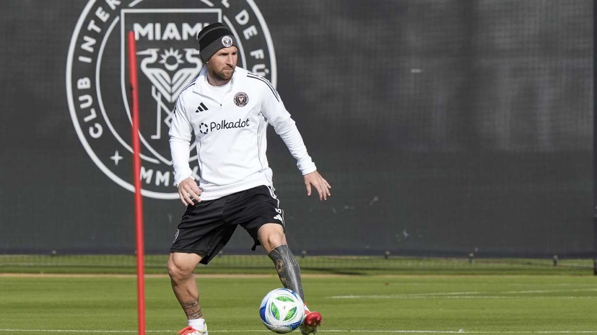 Inter Miami forward Lionel Messi kicks the ball during a soccer practice session, Monday, Jan. 13, 2025, in Fort Lauderdale, Fla.