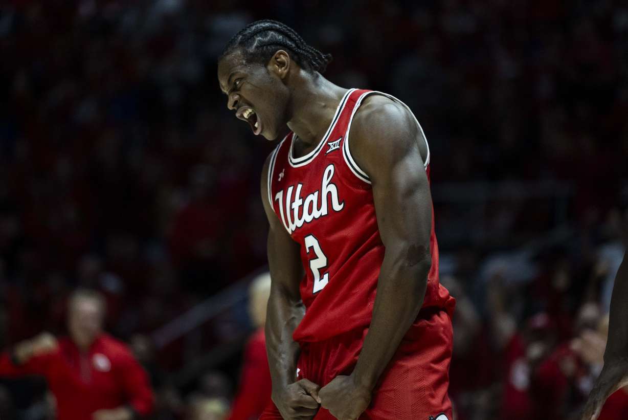 Utah Utes forward Ezra Ausar (2) celebrates after scoring a basket during a basketball game between the Utah Utes and the Brigham Young Cougars at the Jon M. Huntsman Center on the campus of the University of Utah in Salt Lake City on Saturday, Jan. 18, 2025.