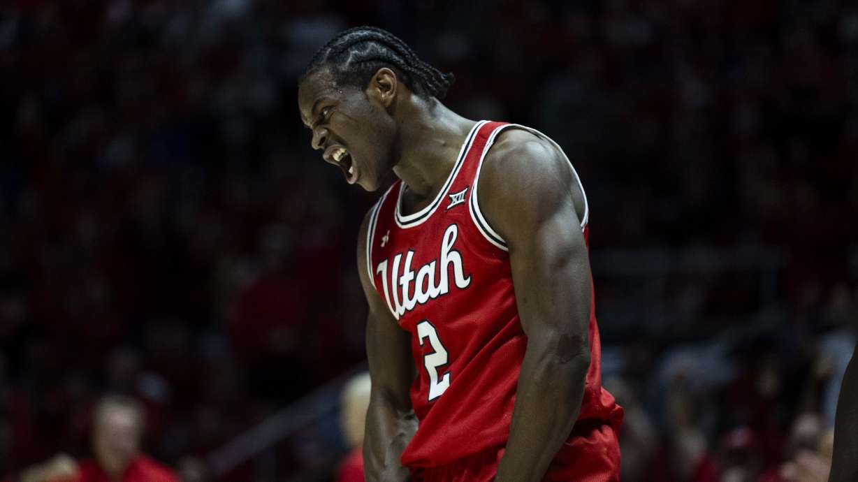 Utah Utes forward Ezra Ausar (2) celebrates after scoring a basket during a basketball game between the Utah Utes and the Brigham Young Cougars at the Jon M. Huntsman Center on the campus of the University of Utah in Salt Lake City on Saturday, Jan. 18, 2025.