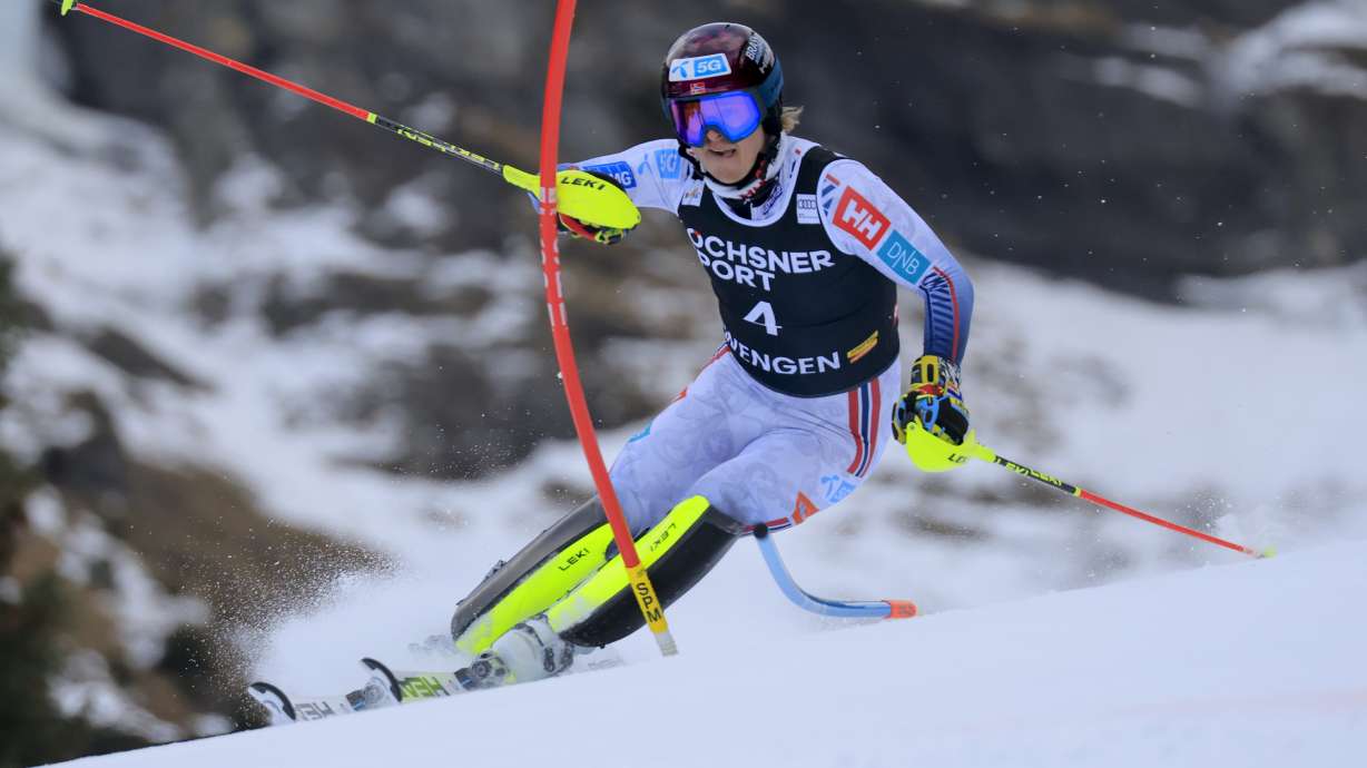 Norway's Atle Lie McGrath competes in an alpine ski, men's World Cup slalom, in Wengen, Switzerland, Sunday, Jan. 19, 2025