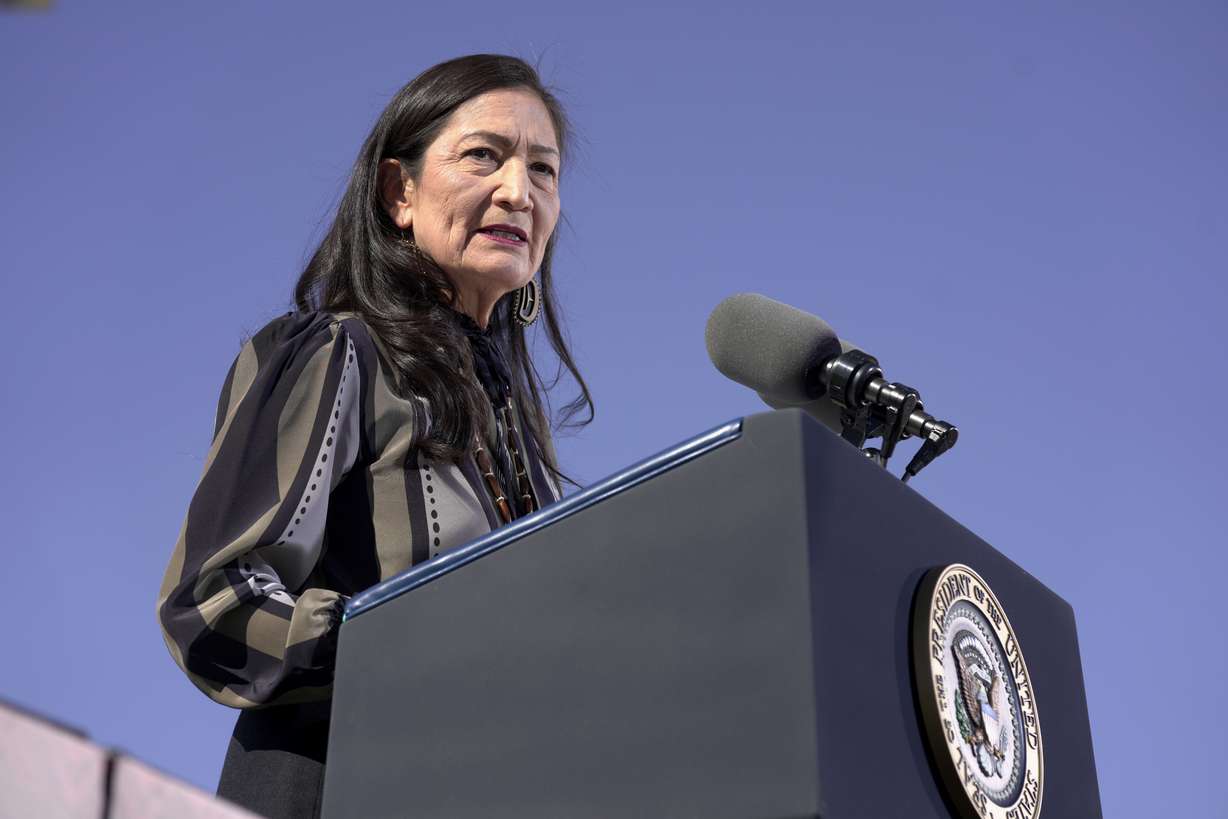 Then-Interior Secretary Deb Haaland speaks at the Gila Crossing Community School in the Gila River Indian Community reservation in Laveen, Ariz., Oct. 25, 2024. Haaland expressed concern at the nomination of former U.S. Rep. Steve Pearce to lead the Bureau of Land Management on Thursday.