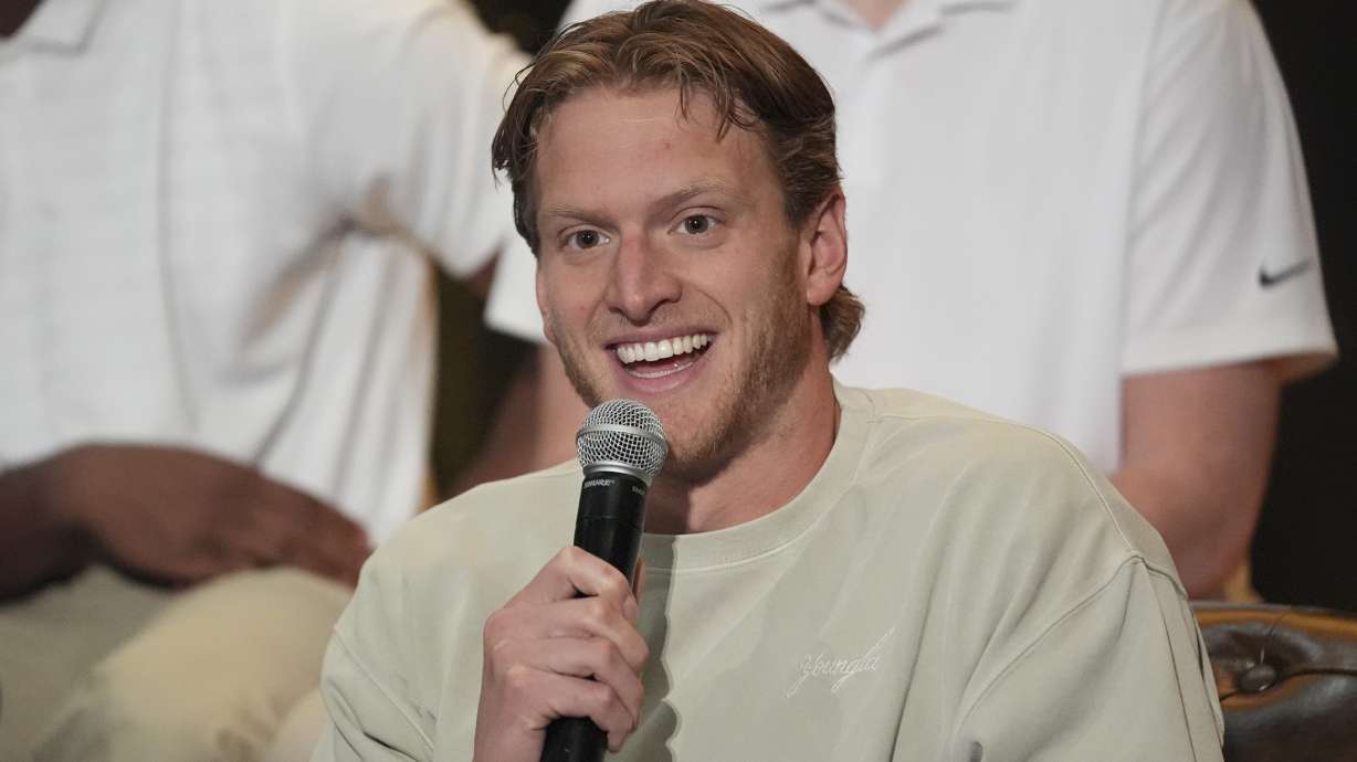 Athlete Grant House speaks during a players association for college athletes meeting ahead of the college football's national title game, Saturday, Jan. 18, 2025, in Atlanta.
