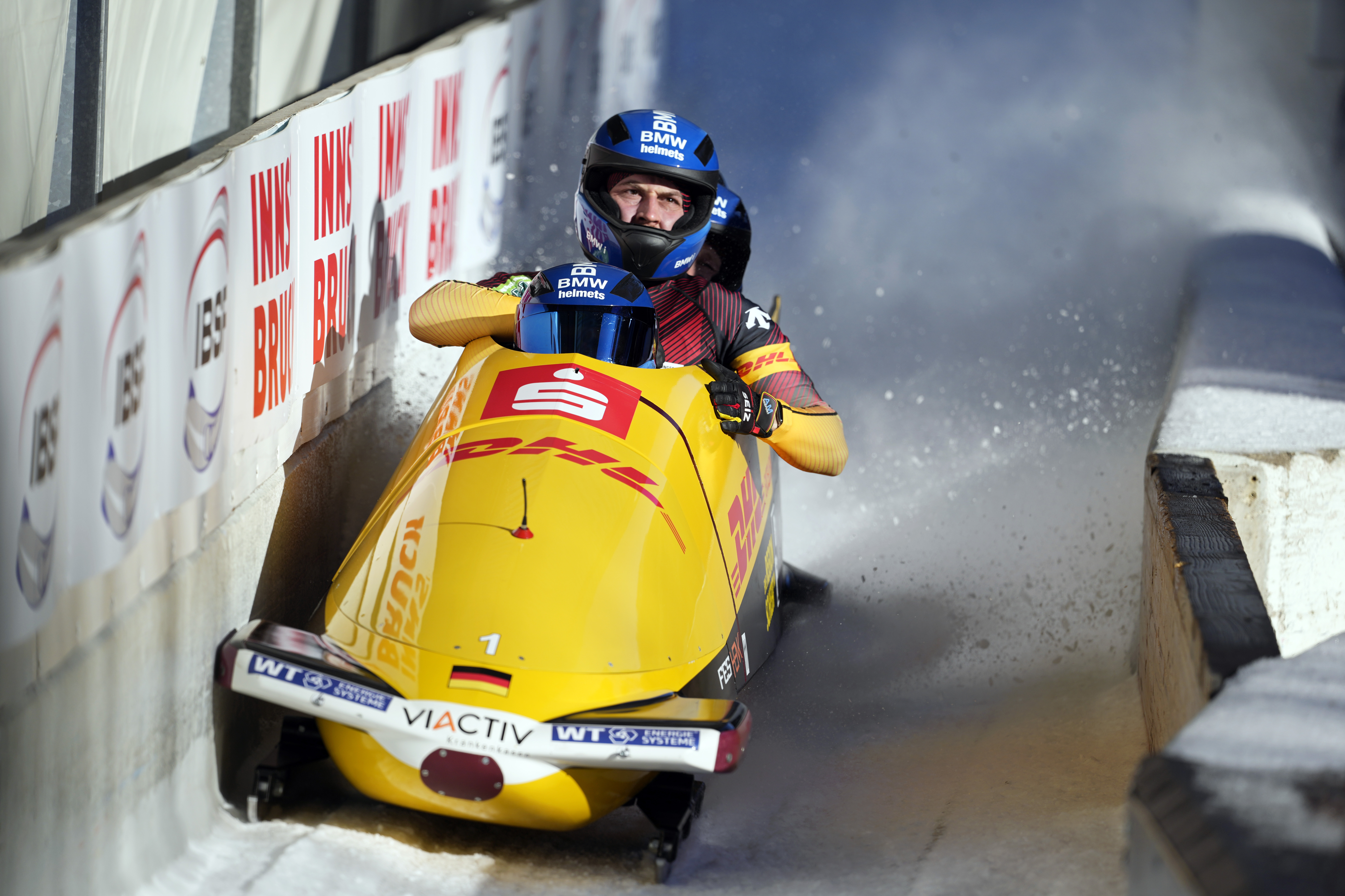 Francesco Friedrich, Matthias Sommer, Alexander Schueller and Felix Straub, of Germany, finish their second run in the 4-man bobsleigh at the Bobsleigh World Cup in Innsbruck, Austria, Sunday, Jan. 19, 2025. 