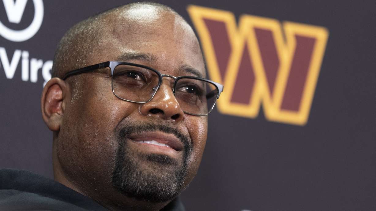FILE - Washington Commanders new defensive coordinator Joe Whitt Jr., speaks during an NFL football news conference at Commanders Park in Ashburn, Va., Feb. 15, 2024.
