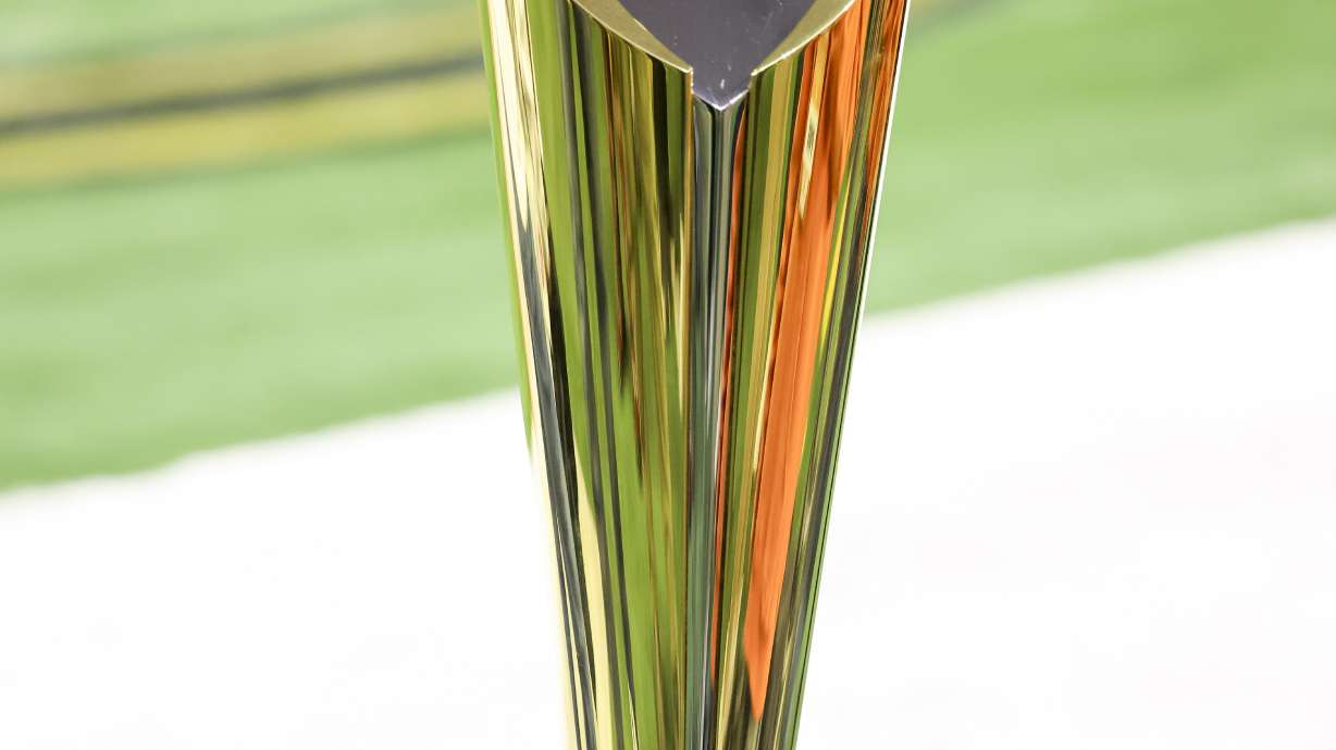 The College Football Playoff National Championship Trophy is shown before the Cotton Bowl College Football Playoff semifinal game between Texas and Ohio State, Jan. 10, 2025, in Arlington, Texas.