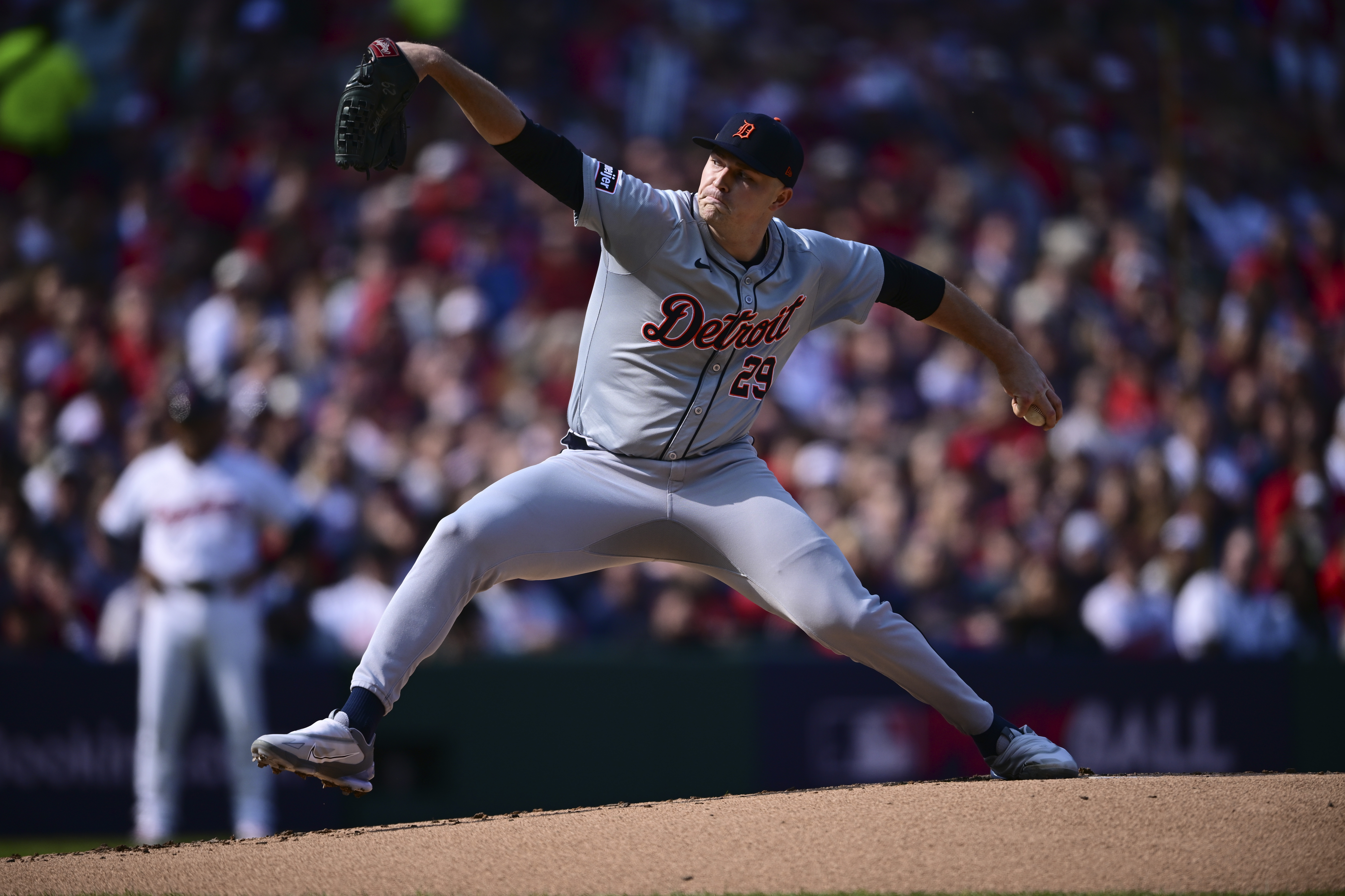 FILE - Detroit Tigers' Tarik Skubal pitches in the first inning during Game 5 of baseball's American League Division Series against the Cleveland Guardians, Saturday, Oct. 12, 2024, in Cleveland.