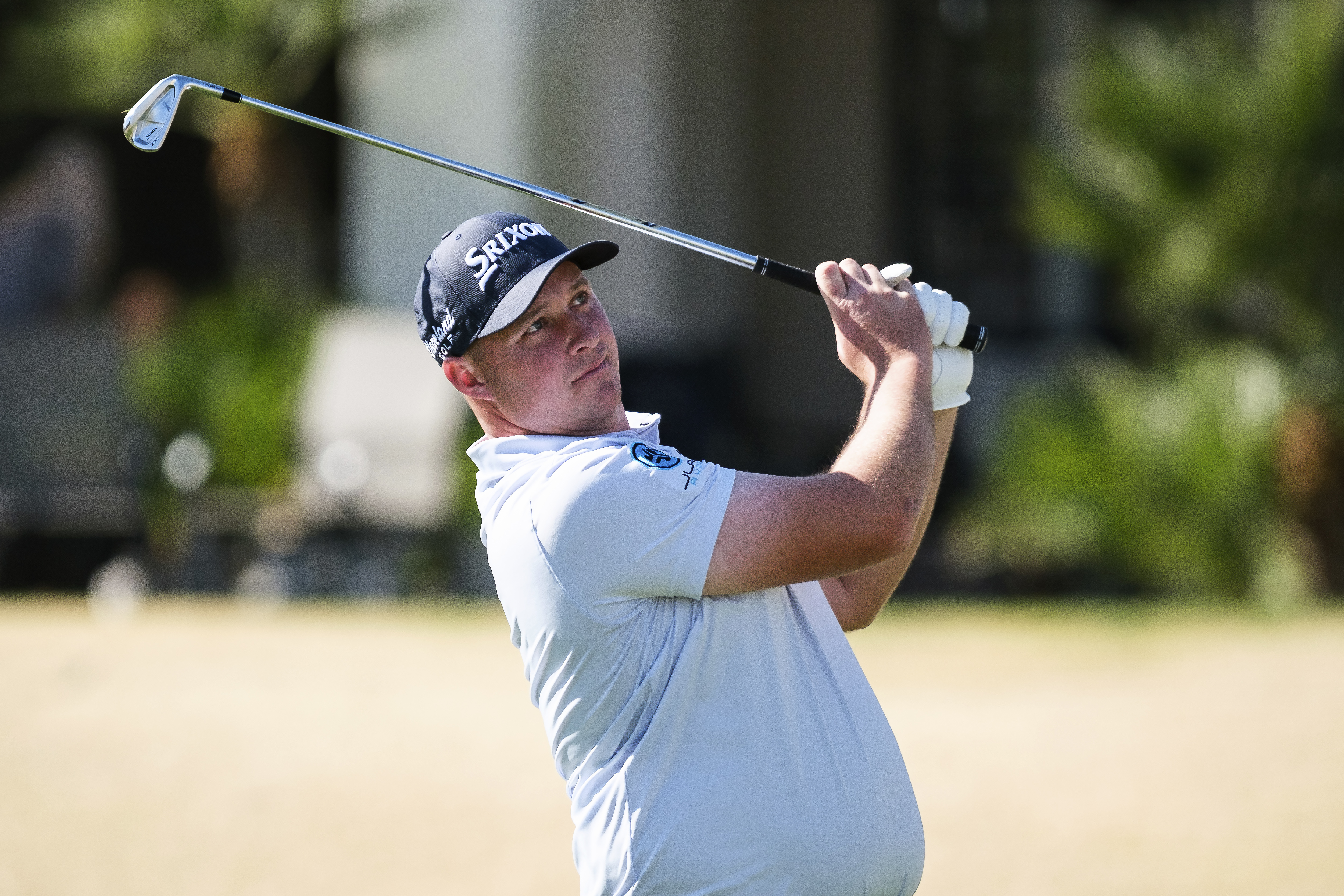 Sepp Straka hits from the fourth tee at the Pete Dye Stadium Course during the final round of the American Express golf tournament in La Quinta, Calif., Sunday, Jan. 19, 2025.
