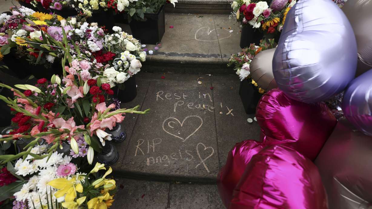 Tributes outside the Town Hall in Southport, England, Aug. 5, 2024, after three young girls were killed in a knife attack at a Taylor Swift-themed holiday club the week before. A teen has pleaded guilty to murdering three girls and wounding 10.