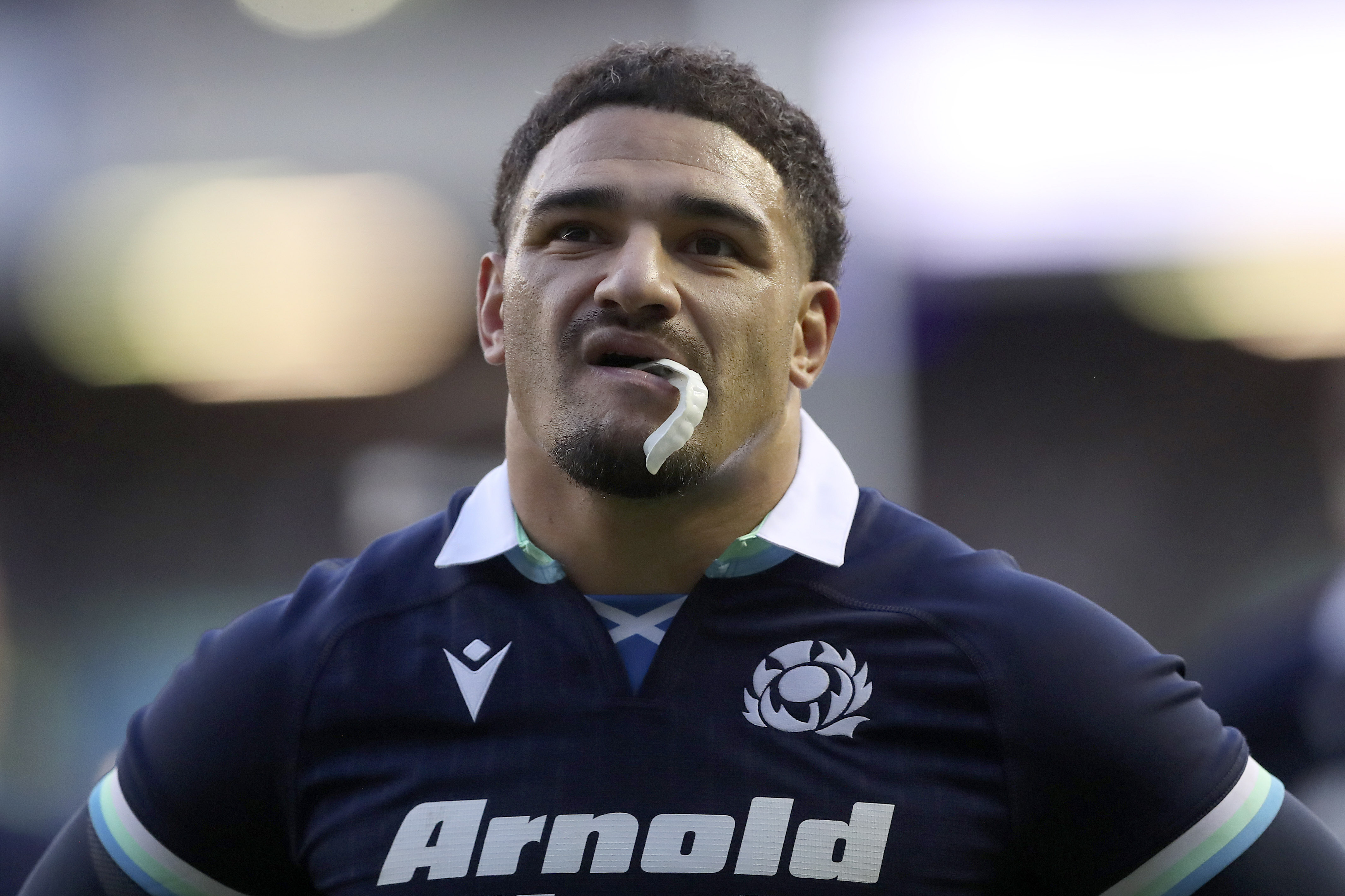 FILE - Scotland's Sione Tuipulotu pauses during the Autumn Nations series rugby union match between Scotland and Australia in Edinburgh, Sunday, Nov. 24, 2024.