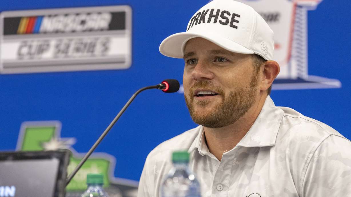 FILE - Trackhouse owner Justin Marks speaks during a post-race interview after winning a NASCAR Cup Series auto race at Circuit of the Americas, March 27, 2022, in Austin, Texas.